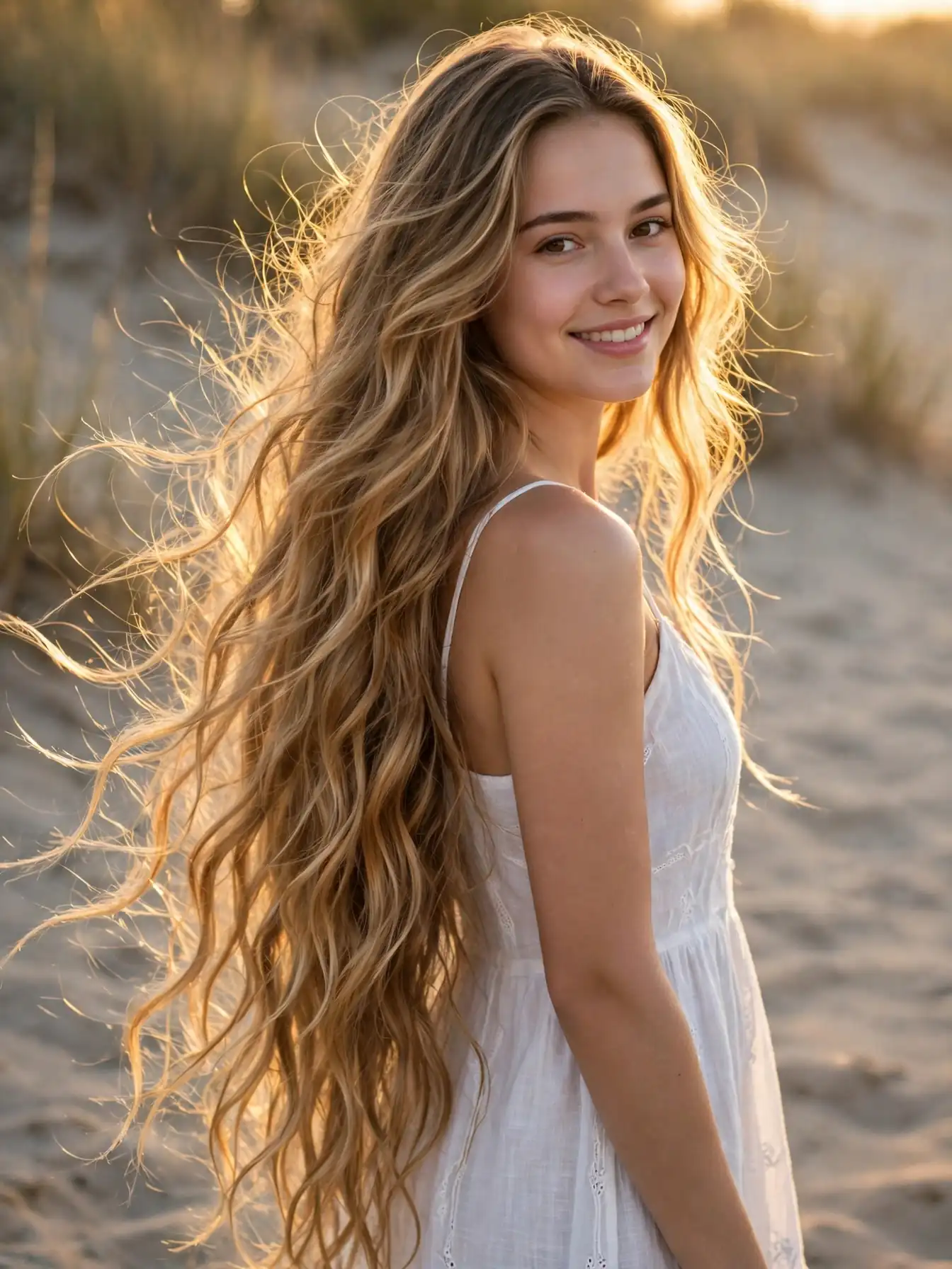 Loose beachy waves hairstyle ideas on long sunlit hair with soft texture
