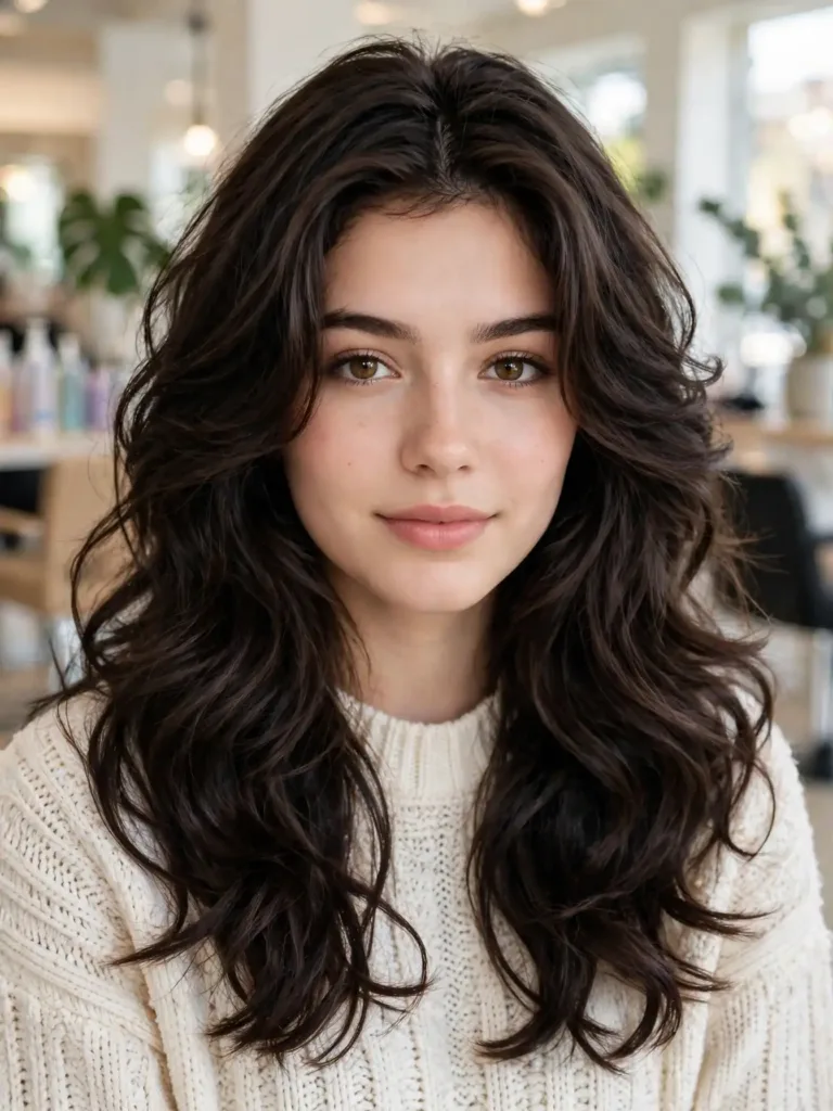 Layered haircuts for thick wavy hair: woman with voluminous brunette waves and face-framing layers