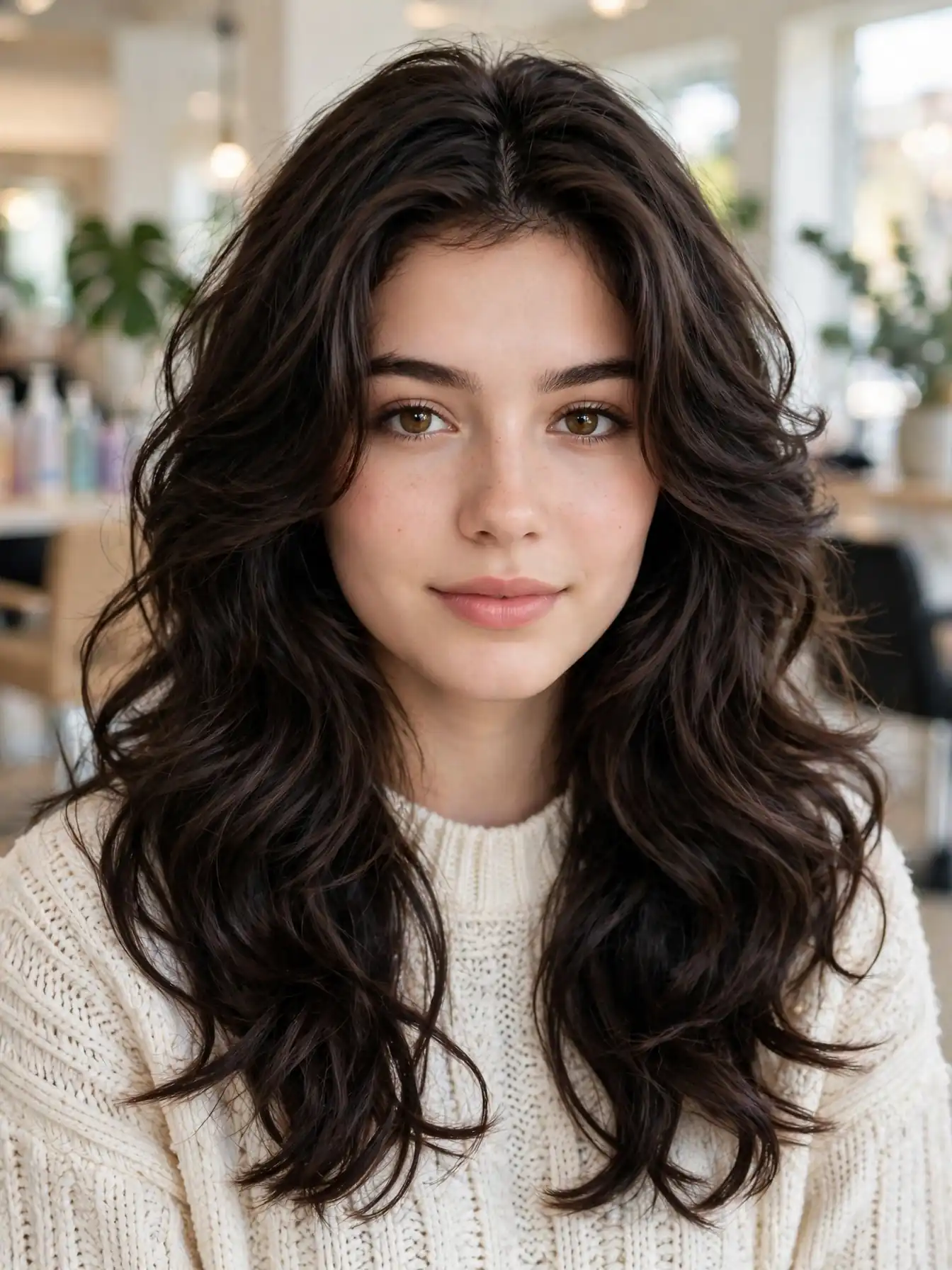 25 Best Haircuts for Thick Wavy Hair That Remove Bulk 1 Layered haircuts for thick wavy hair: woman with voluminous brunette waves and face-framing layers