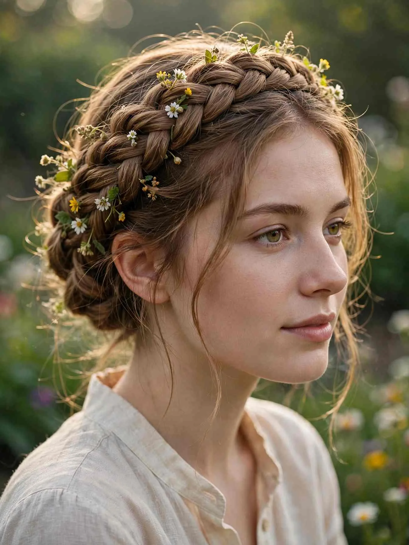 Woman wearing cottagecore hairstyles with a wildflower Dutch crown braid in a garden