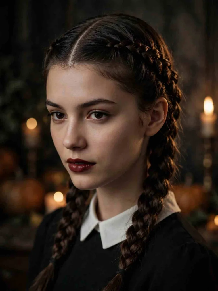 20 Halloween Hairstyles That Finish Any Costume Look 3 halloween hairstyles hero: woman with Wednesday Addams twin braids and a severe center part