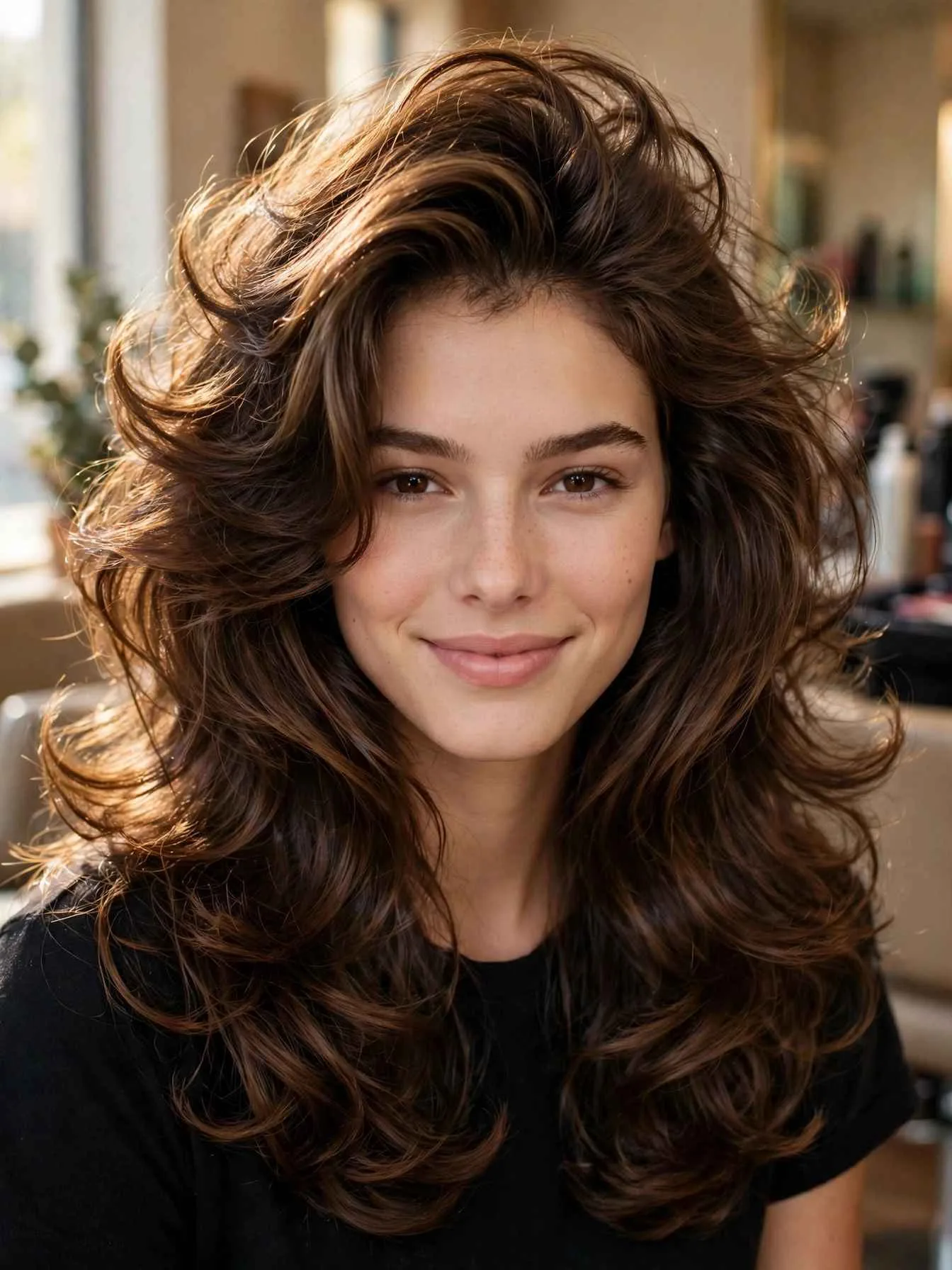 Woman with a voluminous 90s supermodel blowout hairstyle and bouncy layered brunette hair