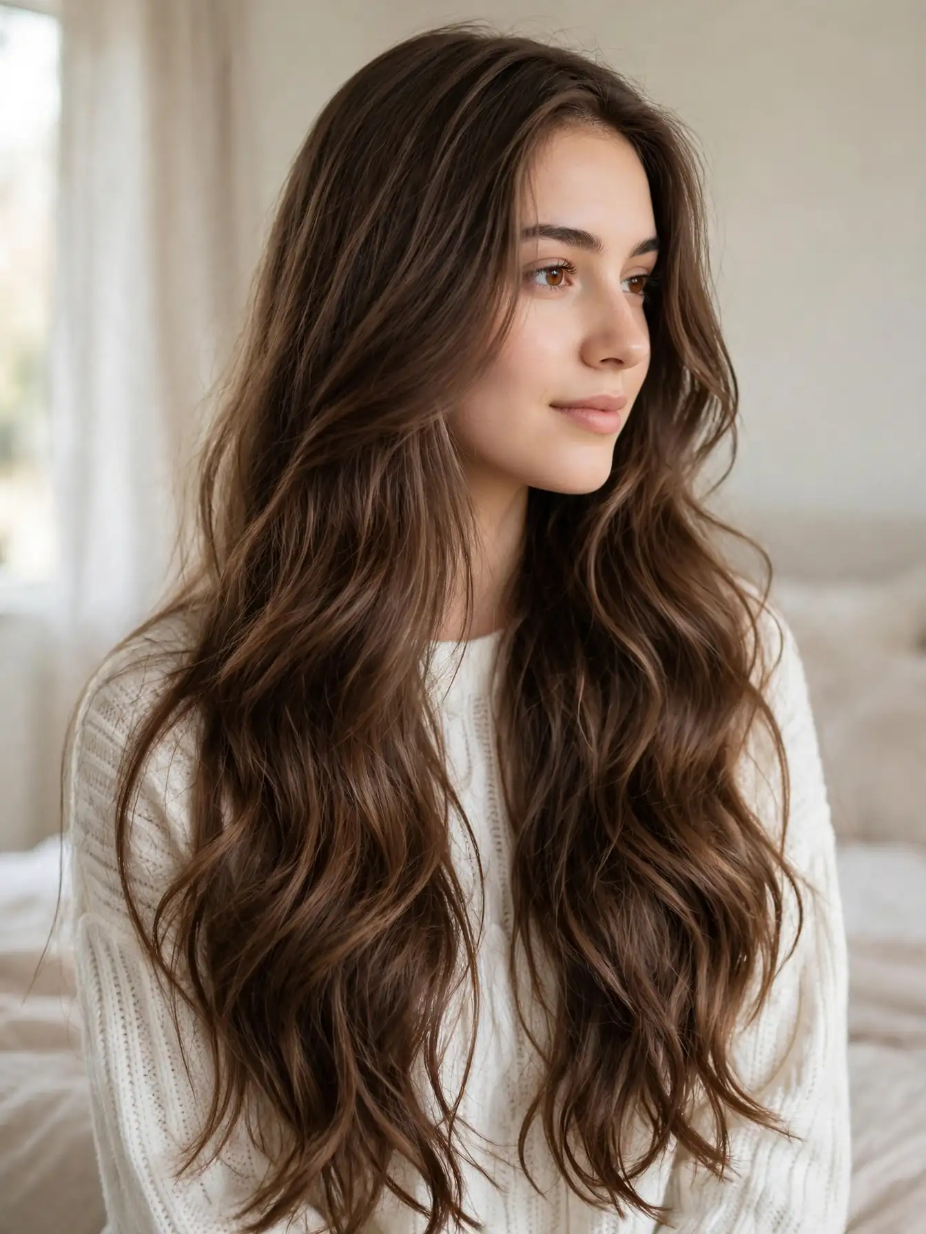 Woman with a long angel waves hairstyle in soft romantic waves