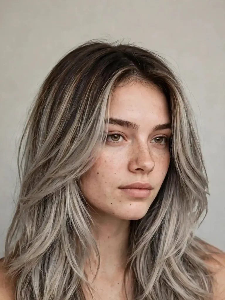 21 Ashy Bronde Melt Hair Color Ideas You'll Love Now 6 Ashy bronde melt hair color on long layered hair, cool ash blonde blending into deep brown roots, editorial portrait