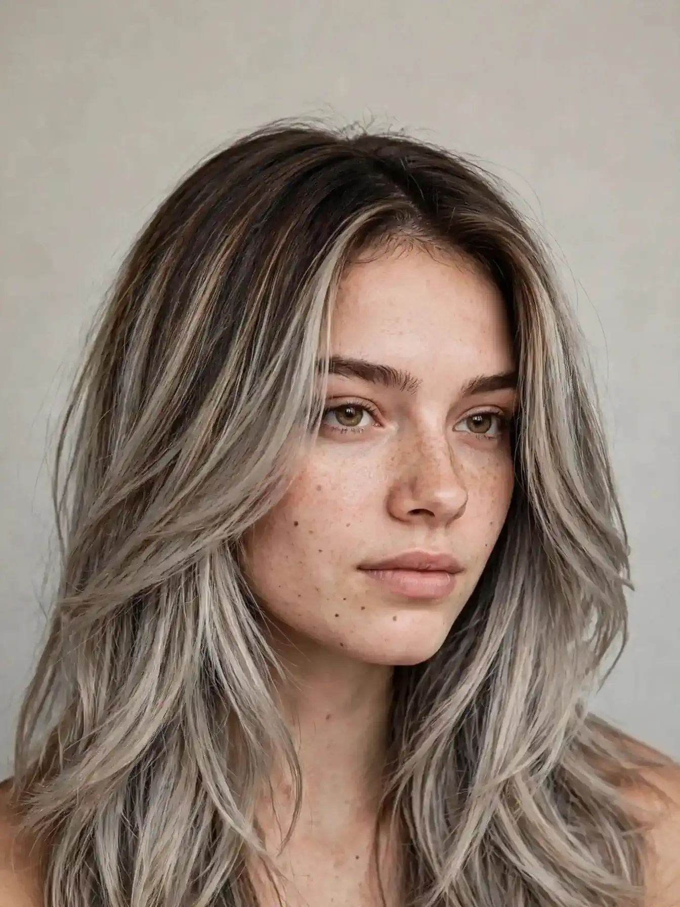 Ashy bronde melt hair color on long layered hair, cool ash blonde blending into deep brown roots, editorial portrait