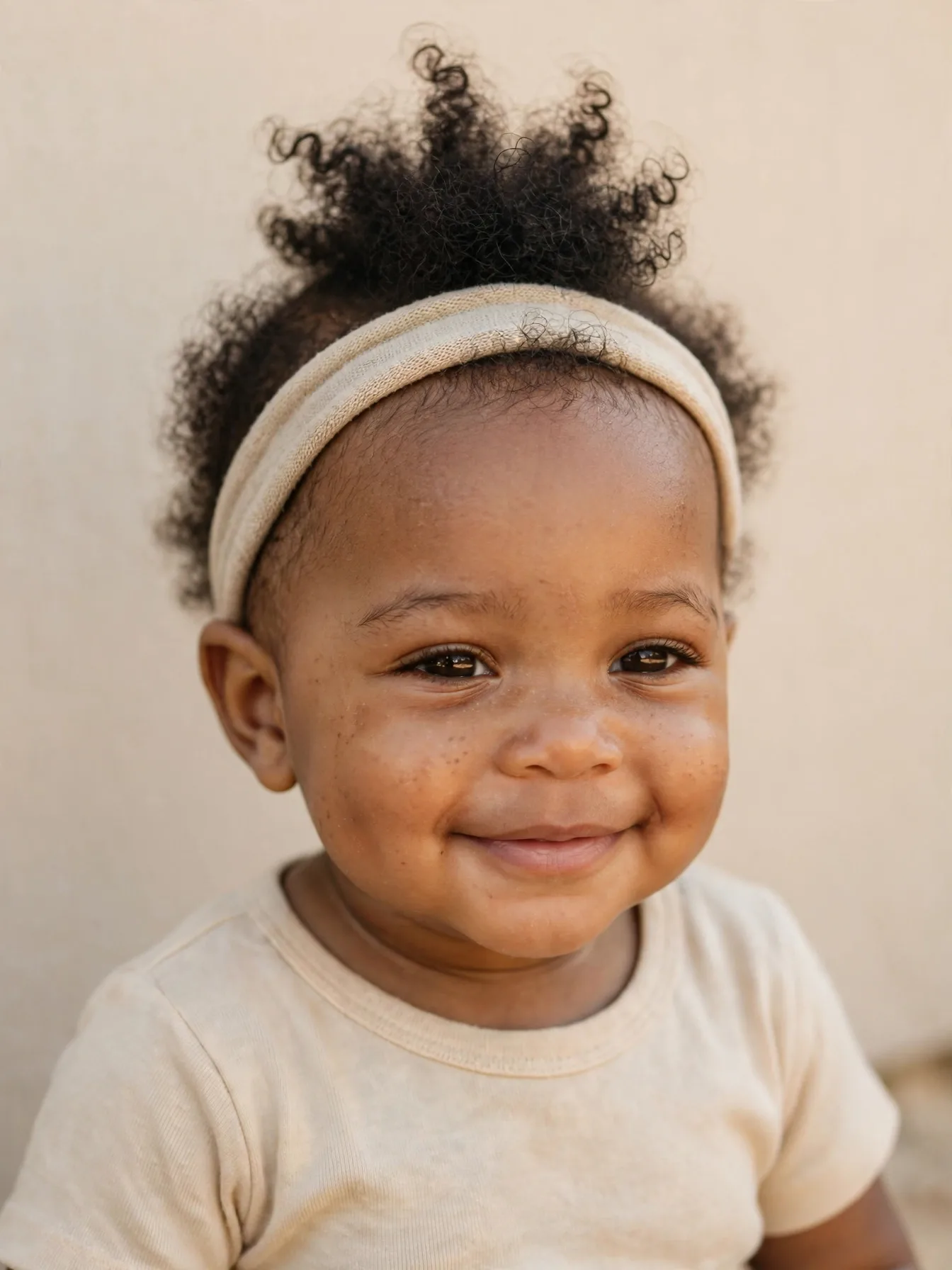 black baby girl hairstyles: infant with a soft top fountain puff and natural curls