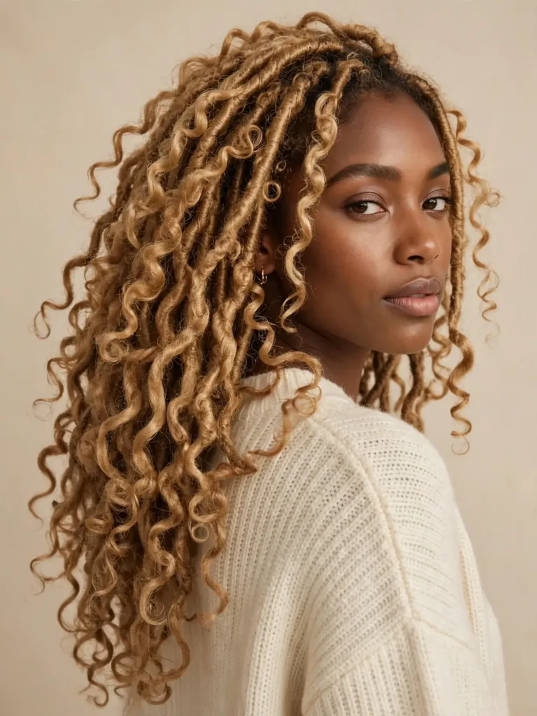 20 Butterfly Locs Hairstyles: Colors, Lengths & Styles 14 Woman with honey-blonde butterfly locs hairstyles in colour 27, long loopy textured locs over her shoulder