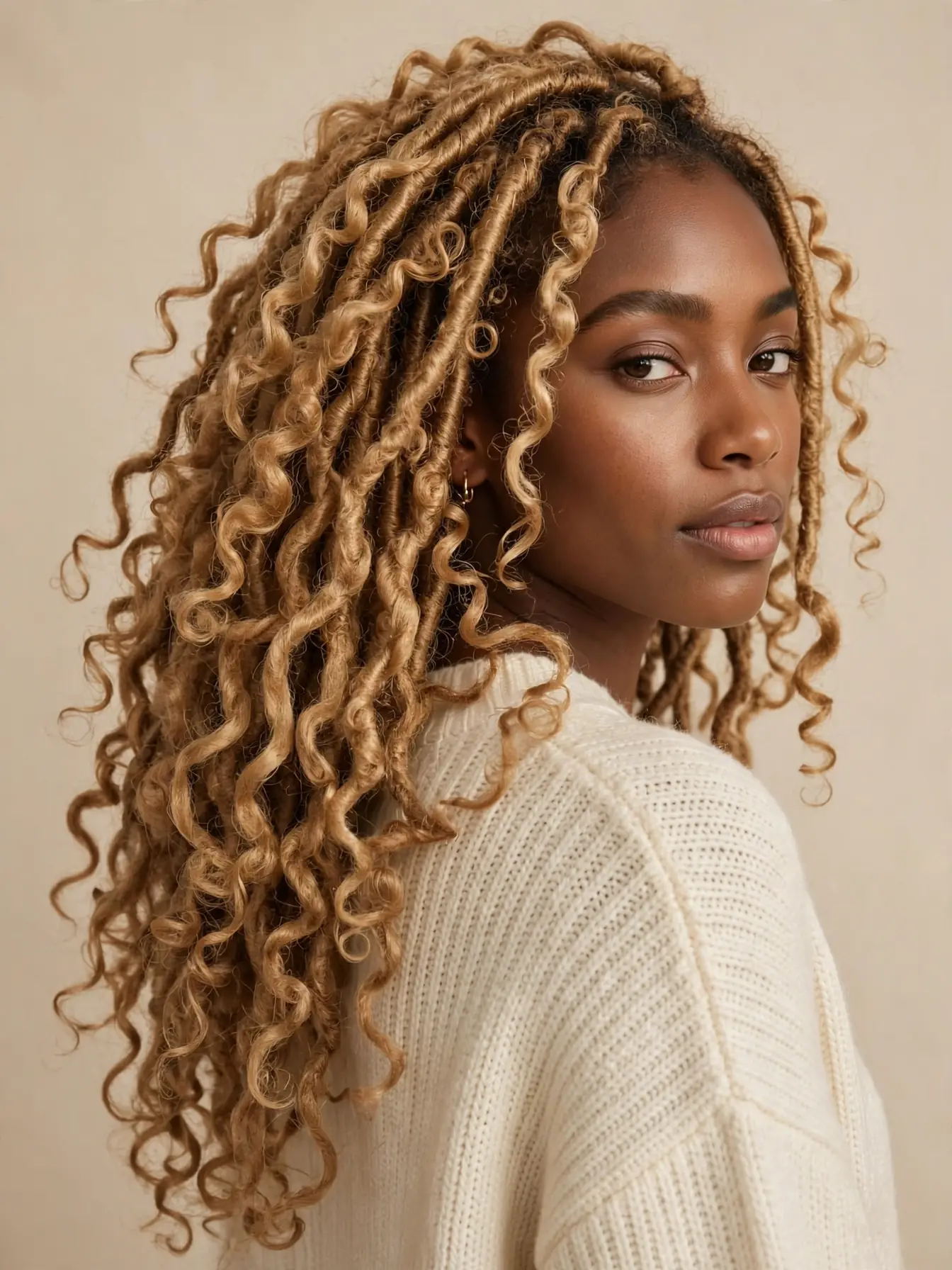 Woman with honey-blonde butterfly locs hairstyles in colour 27, long loopy textured locs over her shoulder