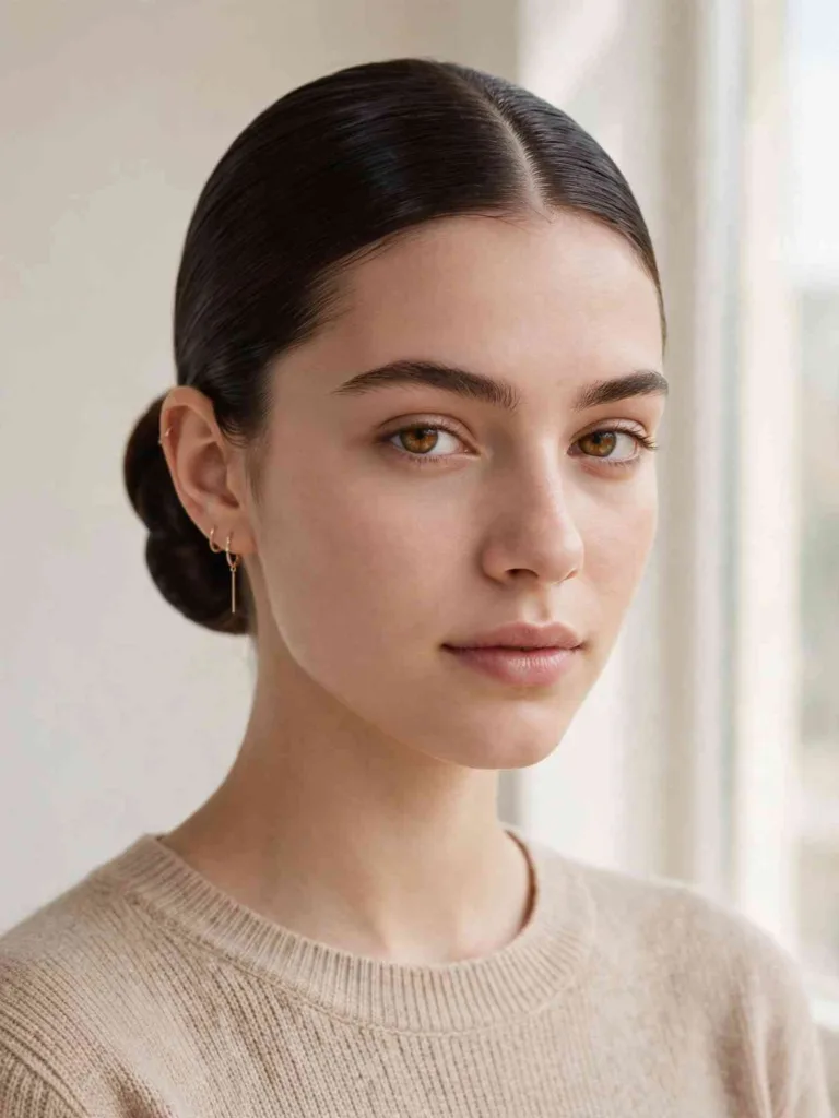 Woman with clean girl hairstyles: a sleek low bun with a crisp middle part