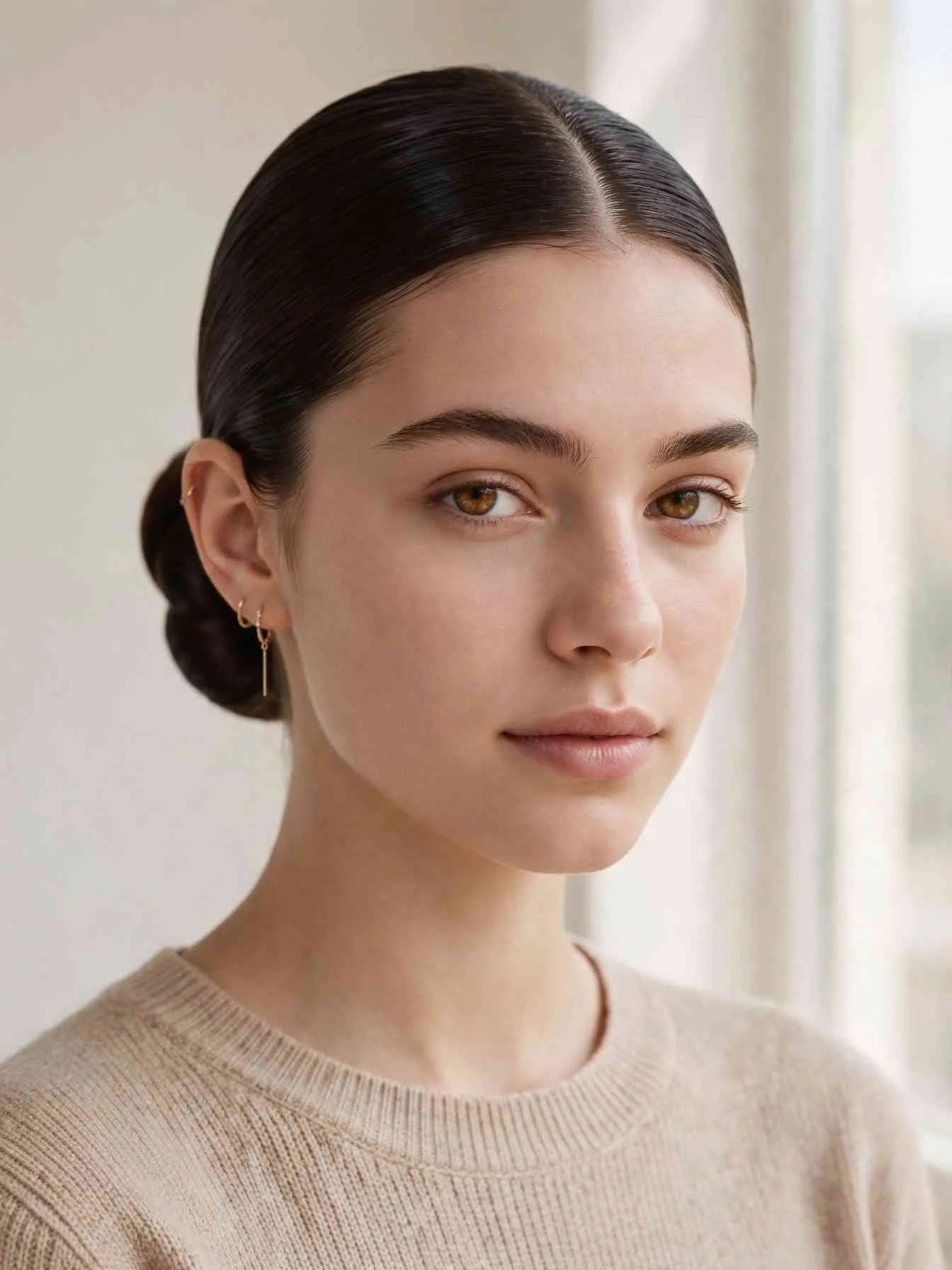 22 Clean Girl Hairstyles to Look Polished Every Day 1 Woman with clean girl hairstyles: a sleek low bun with a crisp middle part