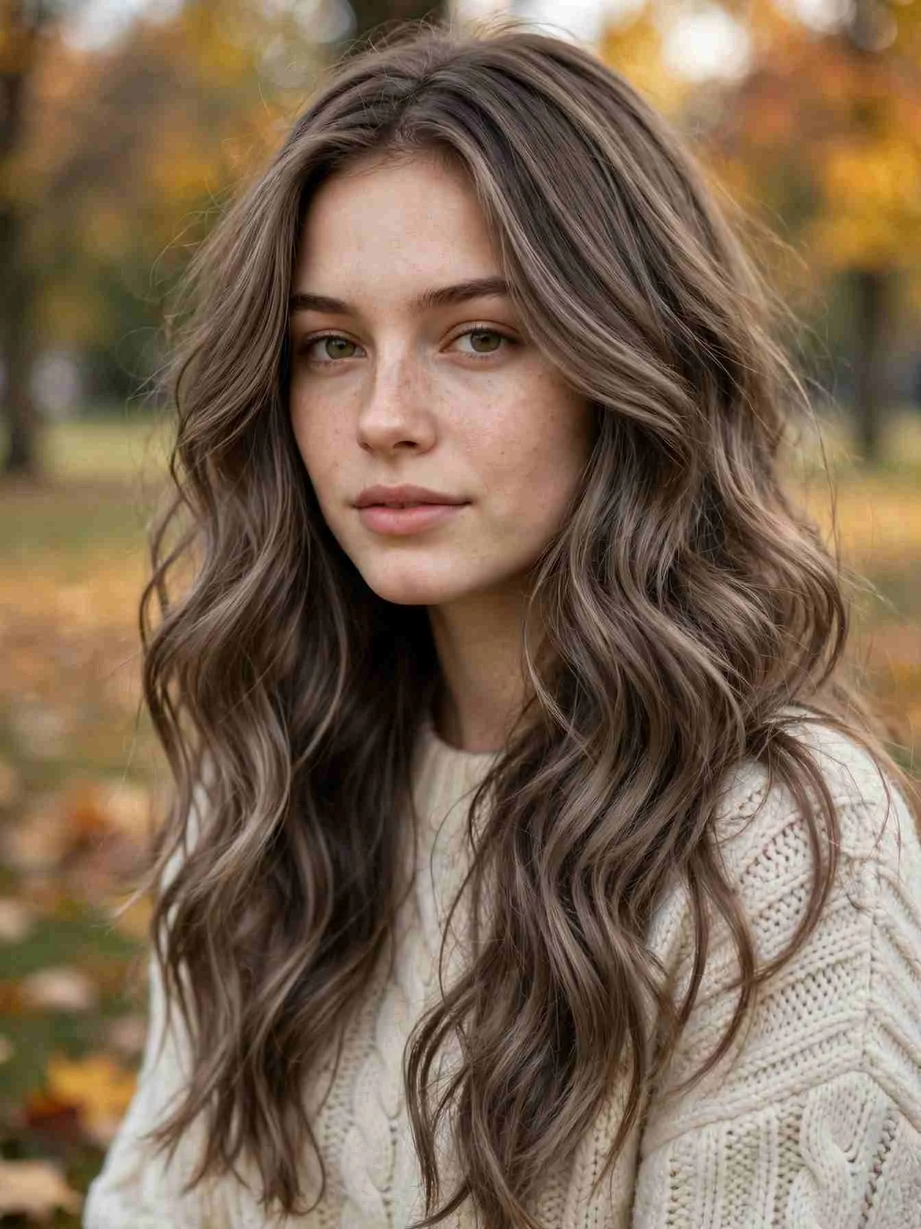 cool fall hair color in mushroom brown with soft taupe waves, editorial portrait