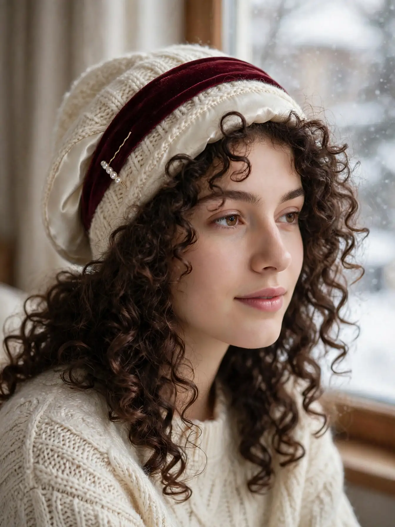 curly winter hairstyle accessories including a satin-lined beanie, velvet headband, and pearl pins styled on defined curls
