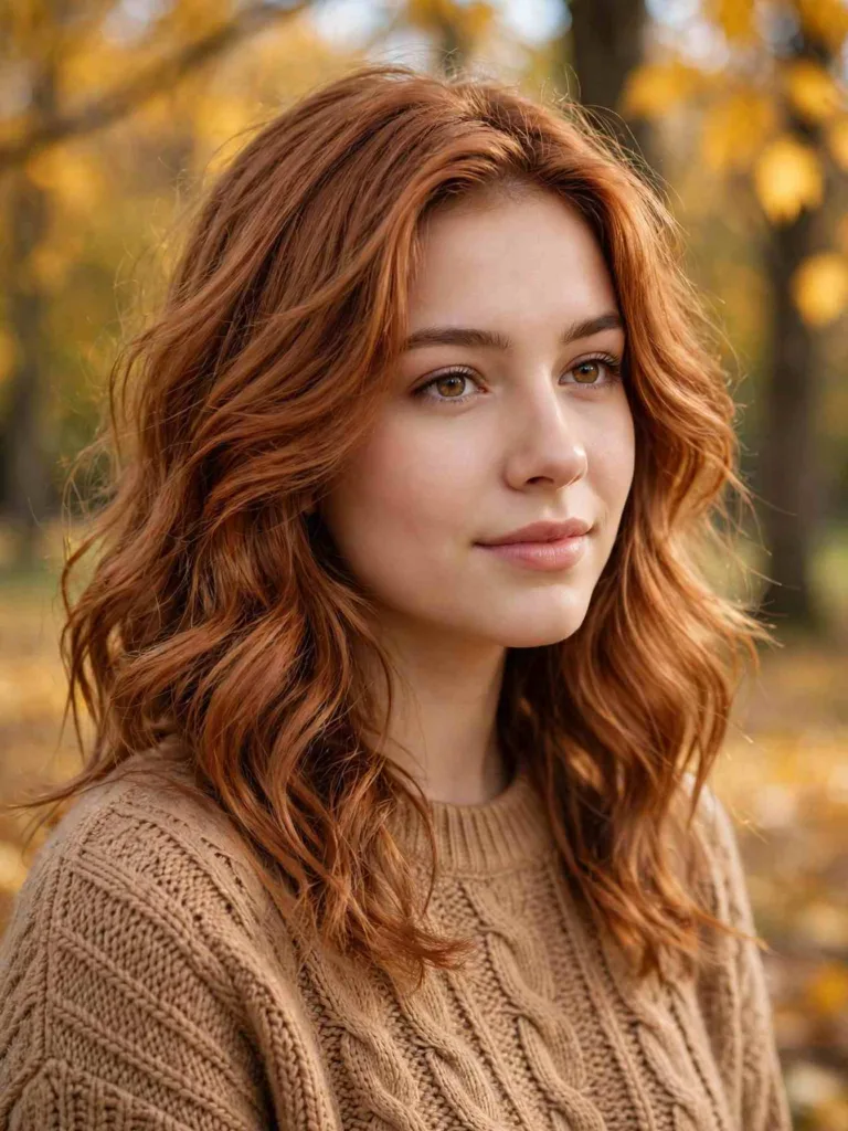 22 Fall Hairstyles: Cozy Looks for Every Autumn Day 6 fall hairstyle with warm copper layers and soft waves in autumn light