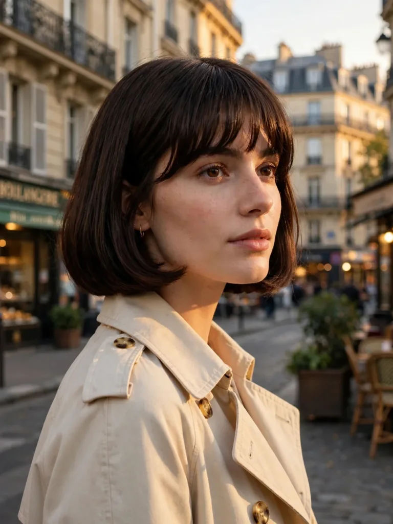 French Bob Haircut: The Parisian's Low-Effort Guide 19 Woman with a classic chin-length french bob haircut and brow-skimming bangs on a Paris street