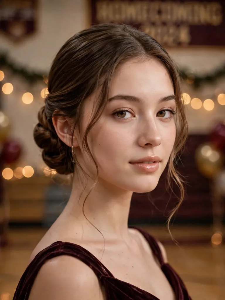 20 Homecoming Hairstyles That Survive the Dance Floor 16 Young woman with a sleek low chignon and face-framing tendrils at a homecoming dance