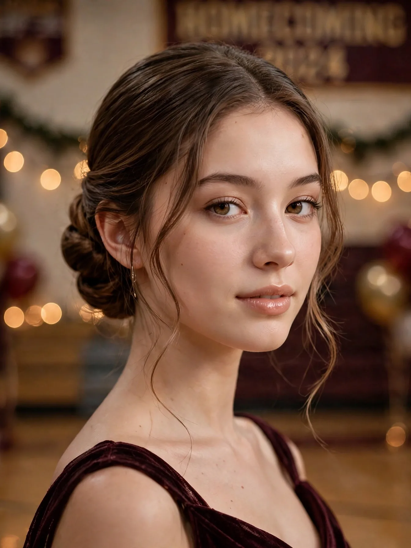 Young woman with a sleek low chignon and face-framing tendrils at a homecoming dance