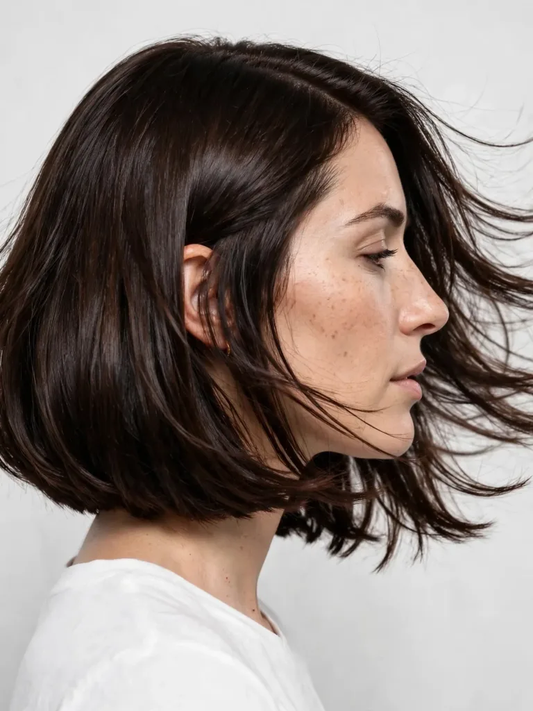 Italian Bob Haircut: The Full Guide to Getting It Right 20 Side profile of a woman with a glossy dark brown Italian bob haircut, full ends between chin and collarbone