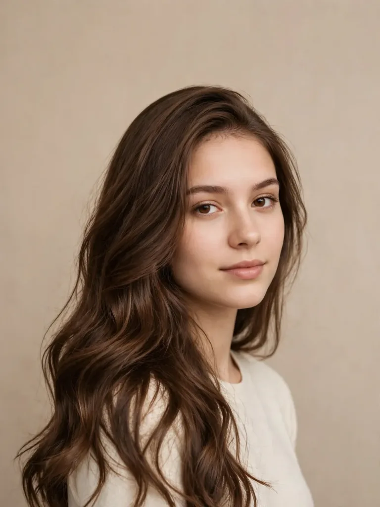 Milk chocolate brown hair color on long wavy hair with creamy dimension