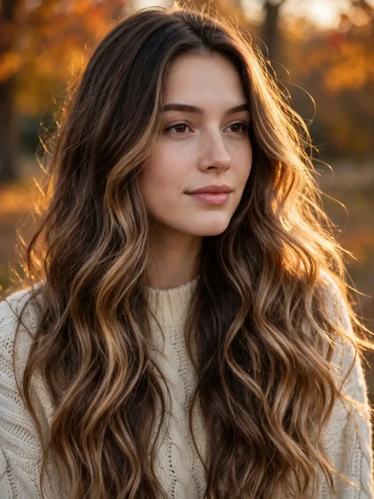 Long mocha balayage hair with soft golden-brown dimension in warm fall light