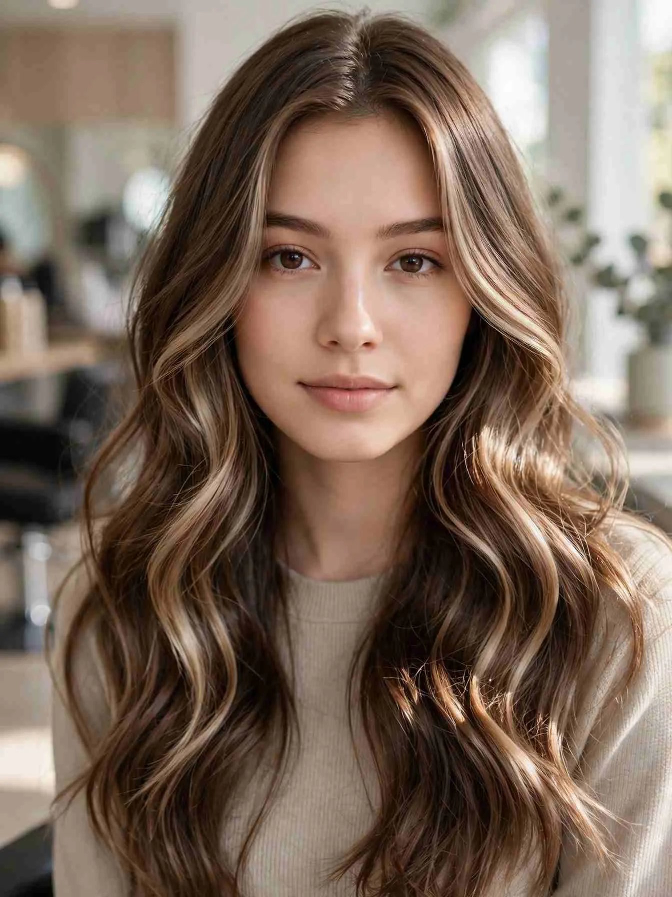 Mocha latte brunette hair color on long wavy hair with creamy beige balayage ribbons