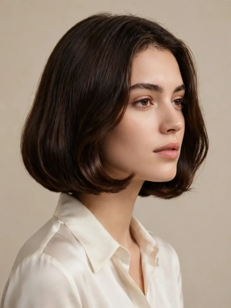 Old Money Bob Haircut: Get the Quiet-Luxury Finish 17 Woman with a glossy old money bob haircut in rich espresso brown, curved-under ends and mirror shine
