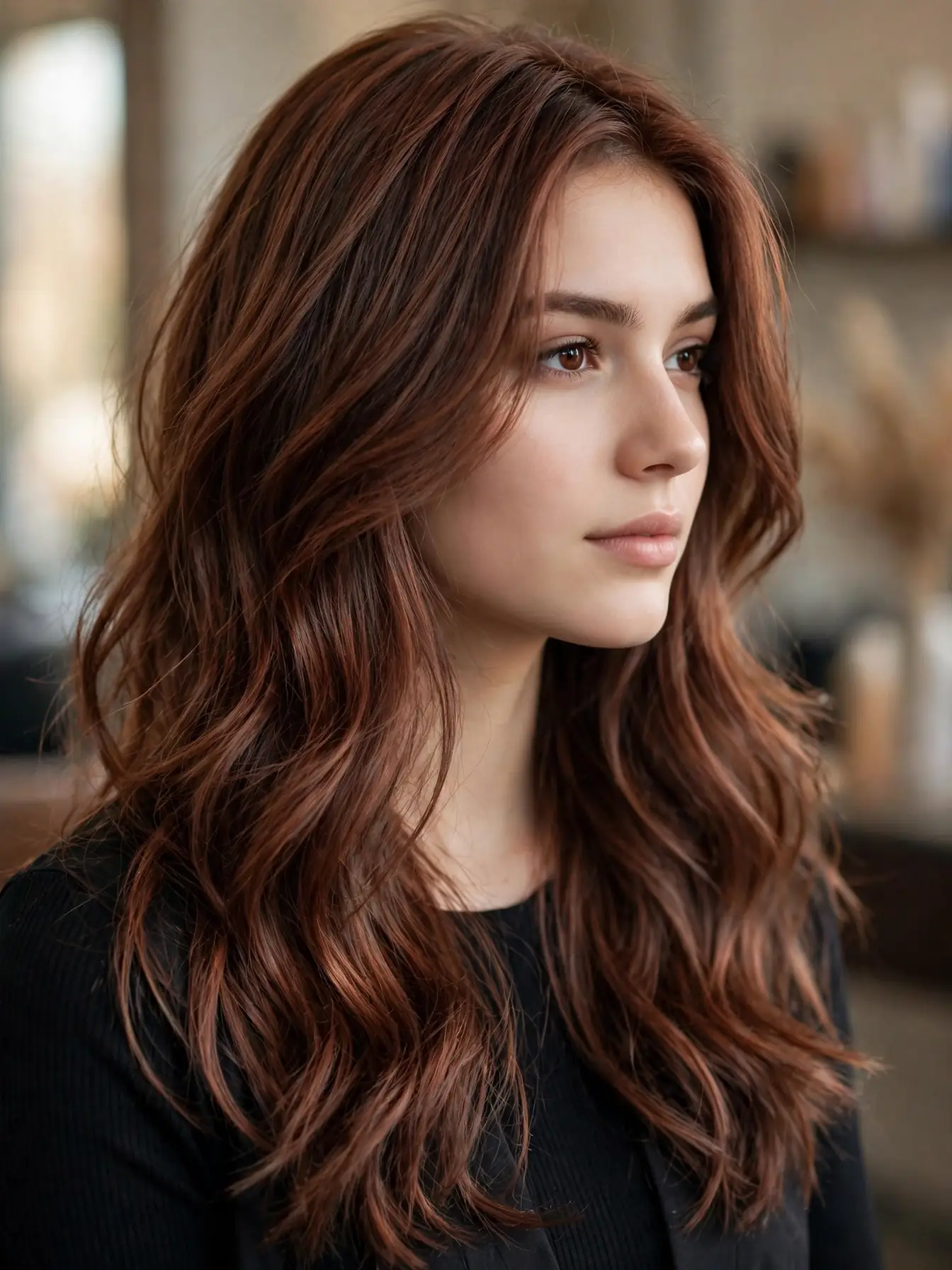 Oxidized copper hair with a smoky patina finish on long layered waves