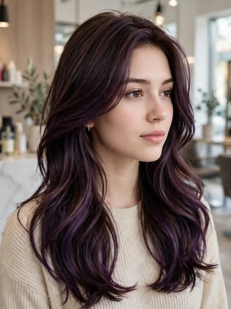Plum brunette hair color with violet dimension on long layered dark brown hair
