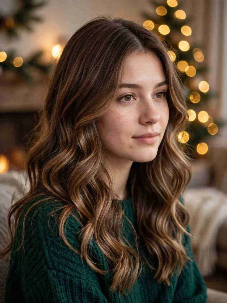 20 Soft Curtain Bang Holiday Hairstyles to Try Now 11 Soft curtain bang holiday hairstyle: woman in her early 20s with soft curtain bangs and loose holiday waves beside a glowing Christmas tree