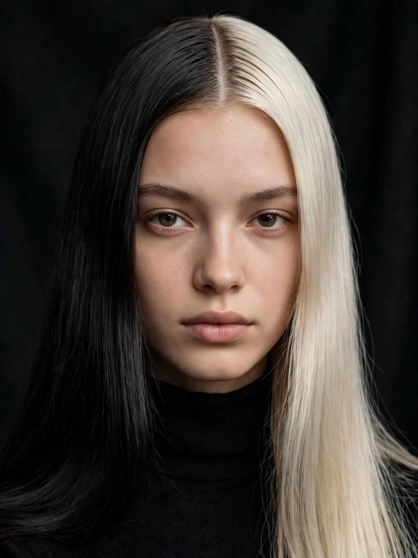 Split dye hair color in classic black and white on long straight hair, editorial portrait