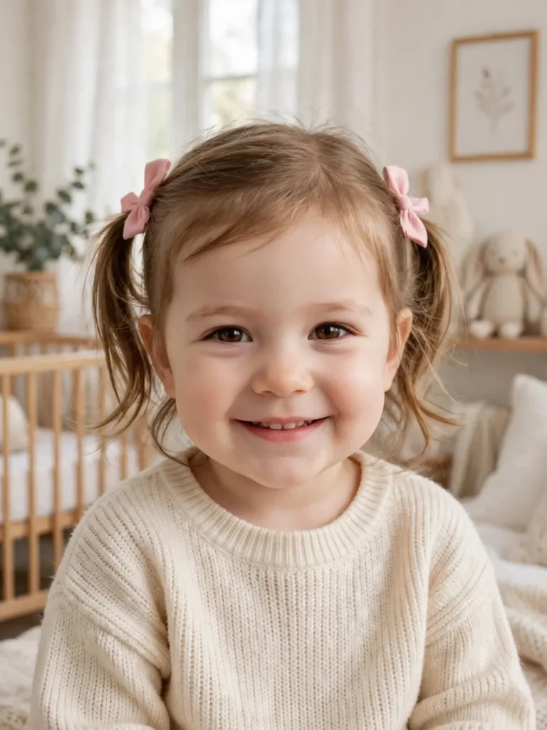 22 cute toddler girl hairstyles: smiling toddler girl with soft pigtails tied with pink bows