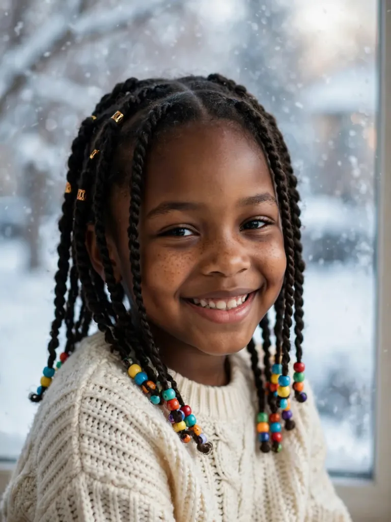 22 Winter Natural Hairstyles For Kids They'll Love 21 winter natural hairstyles for kids: young girl with beaded two-strand twists in a cozy winter setting
