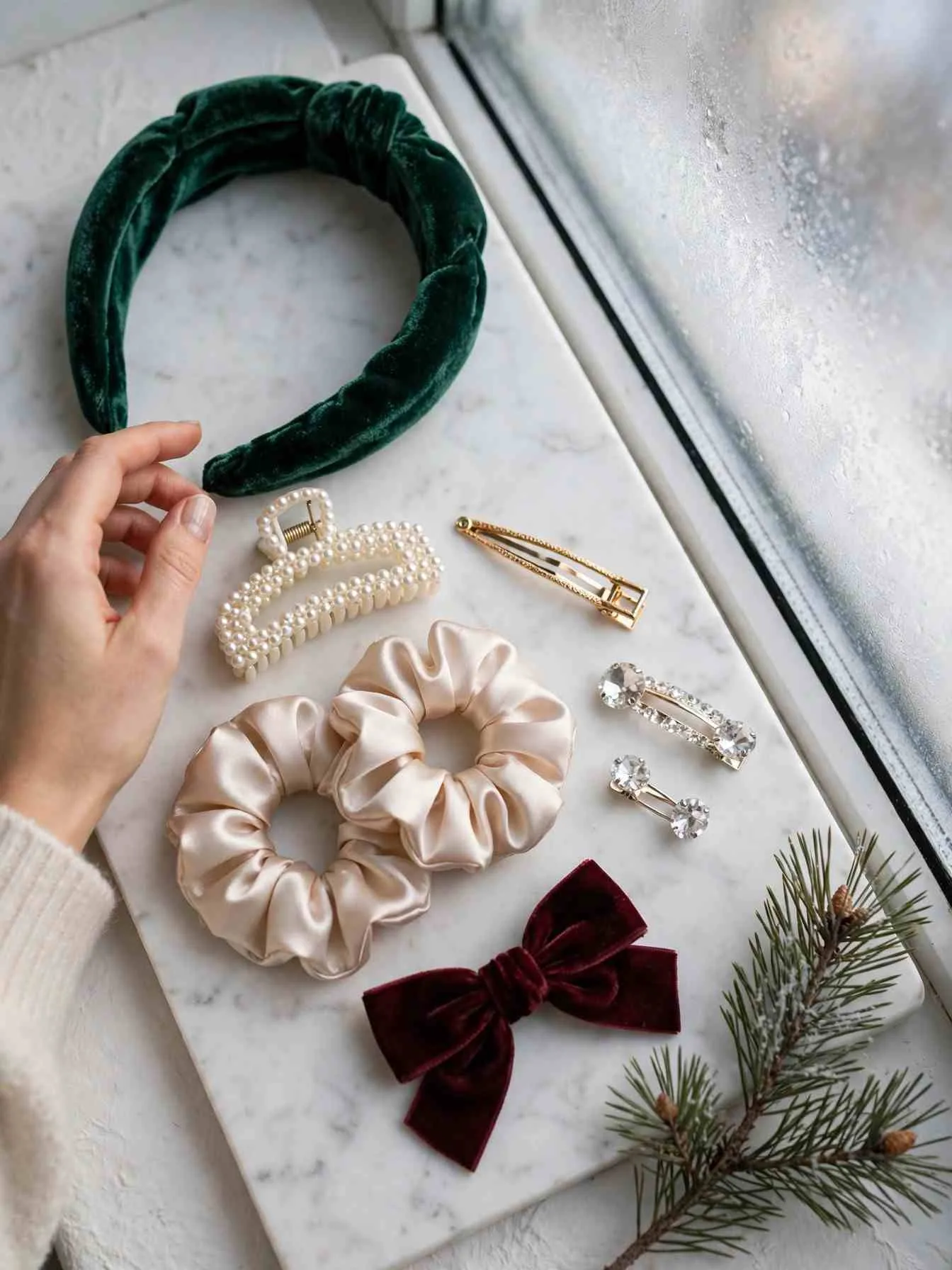 20 winter hair accessories arranged on a marble tray: velvet headband, pearl clips, silk scrunchies, and gold barrettes