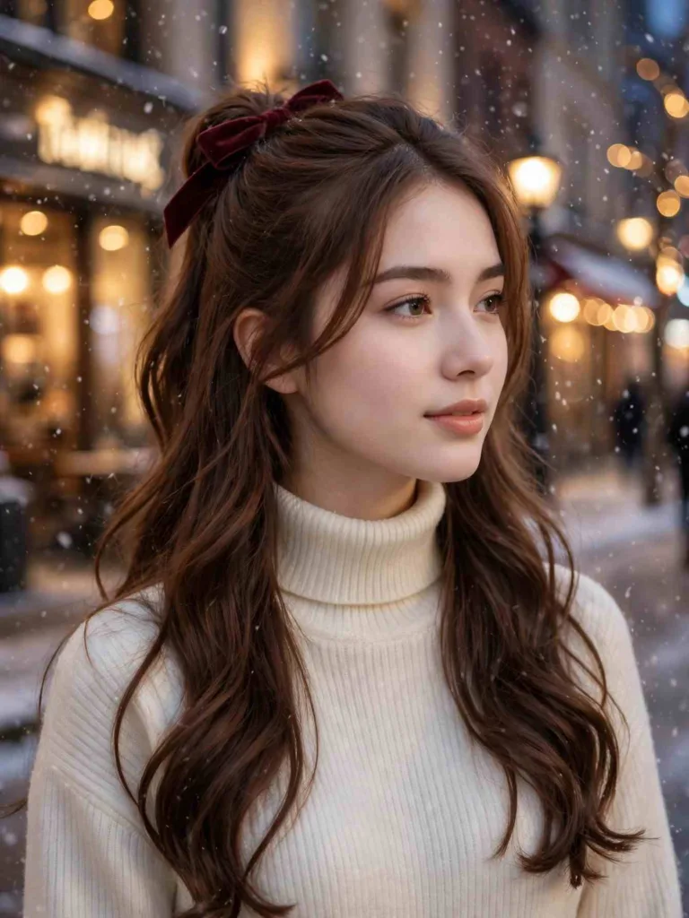 Woman wearing one of the winter half updo hairstyles with a burgundy velvet bow, loose waves over a cream turtleneck, snowy bokeh background.