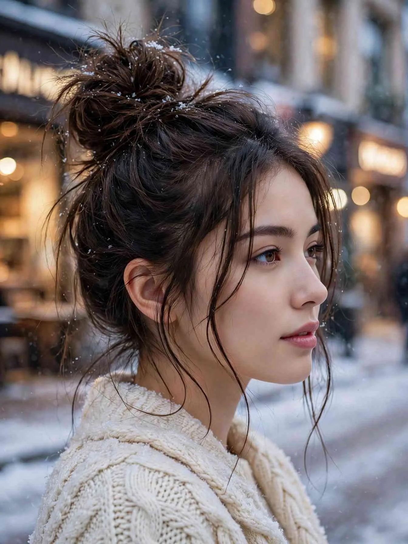 Woman wearing a high messy bun hairstyle in falling snow on a winter street — winter messy bun hairstyles