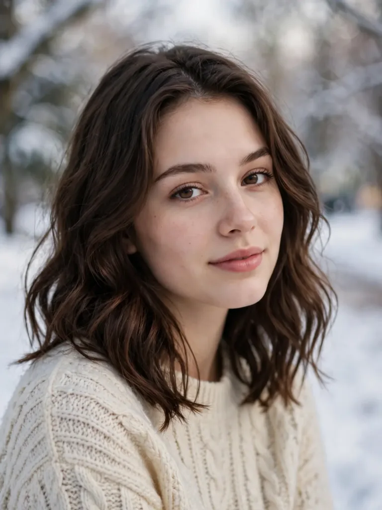 Woman with a winter wavy lob hairstyle, soft loose waves at collarbone length, photographed in bright winter daylight
