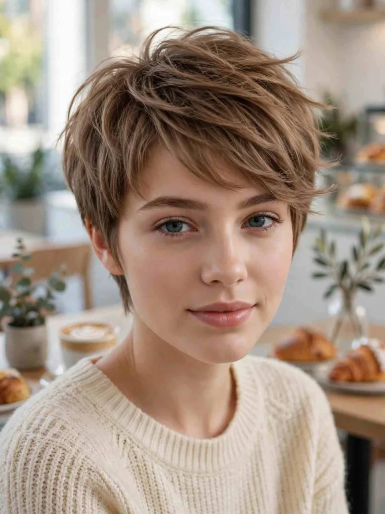 A wispy pixie cut with feathered ends and a side-swept fringe