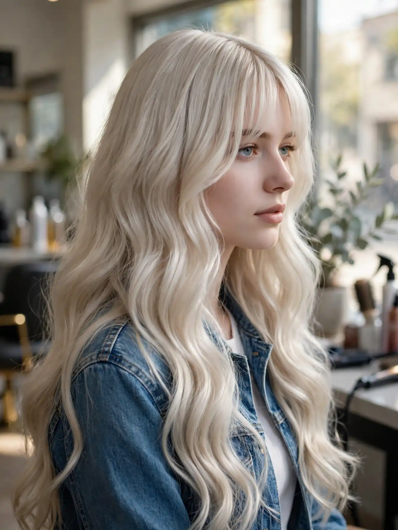 Long icy blonde hair with classic curtain bangs parted in the middle and sweeping to the sides.