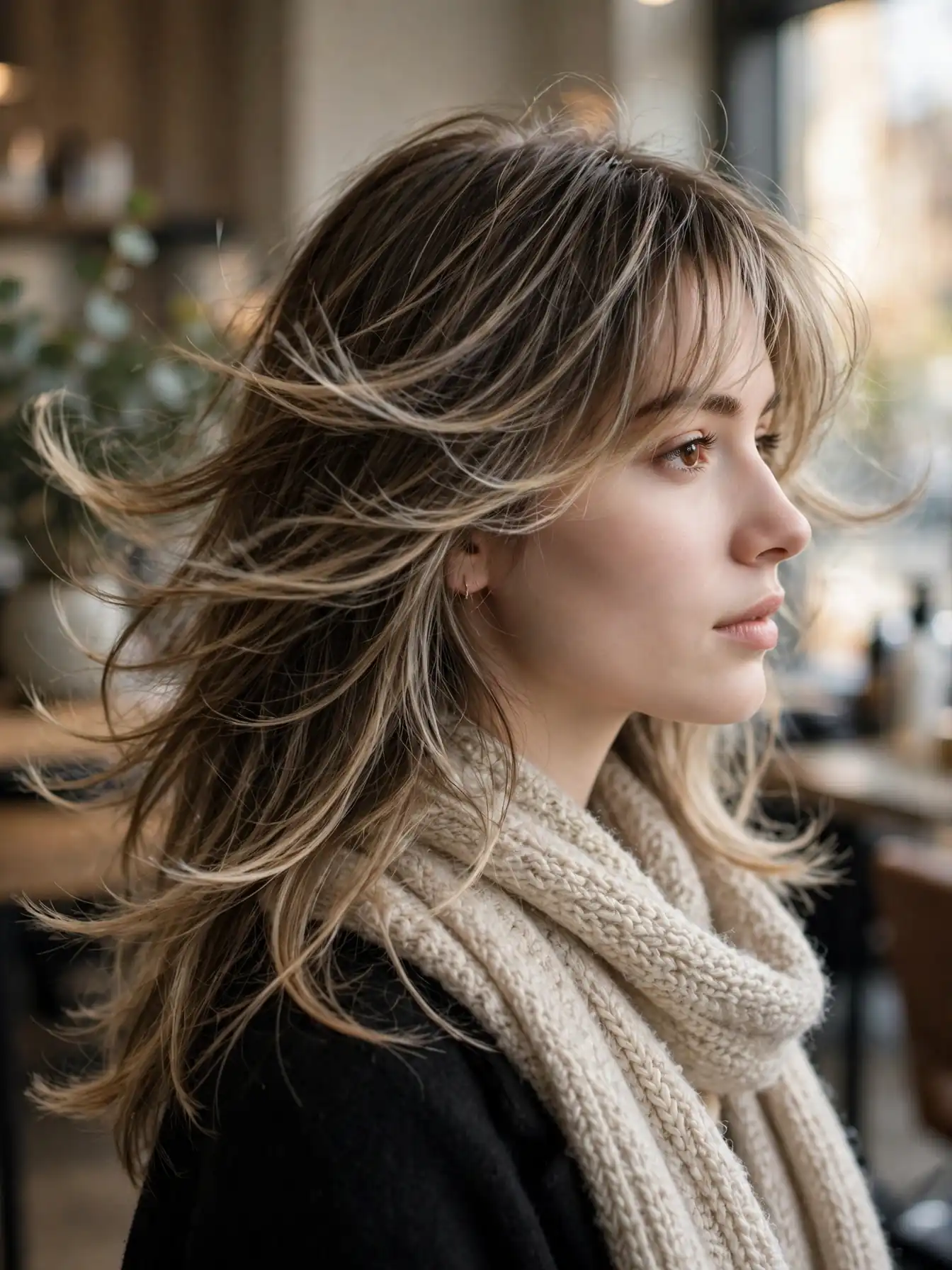 Wispy frosted curtain bangs blending into long layered hair with soft movement.