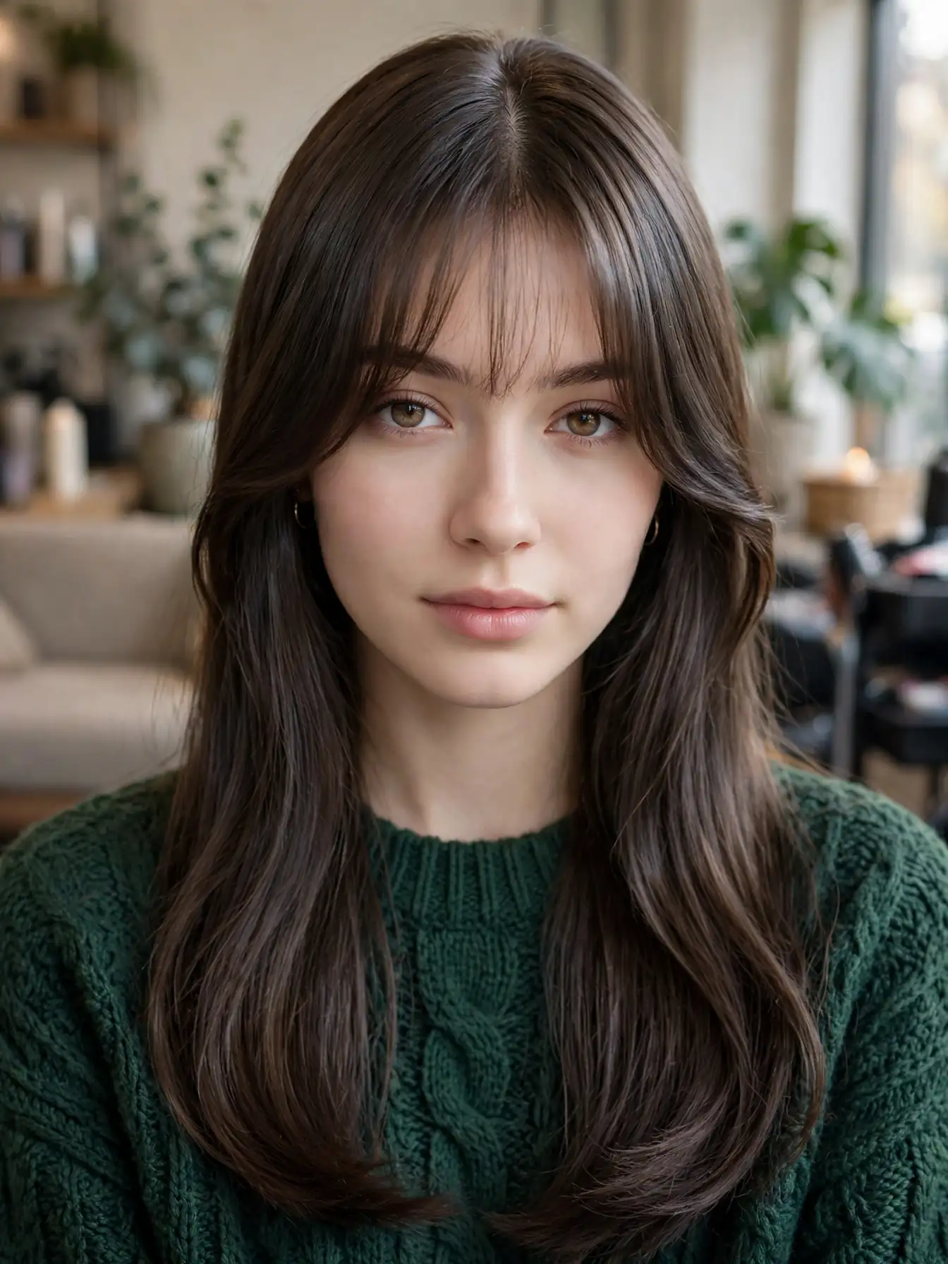 Cool brunette hair with frosty curtain bangs and a glossy winter finish.