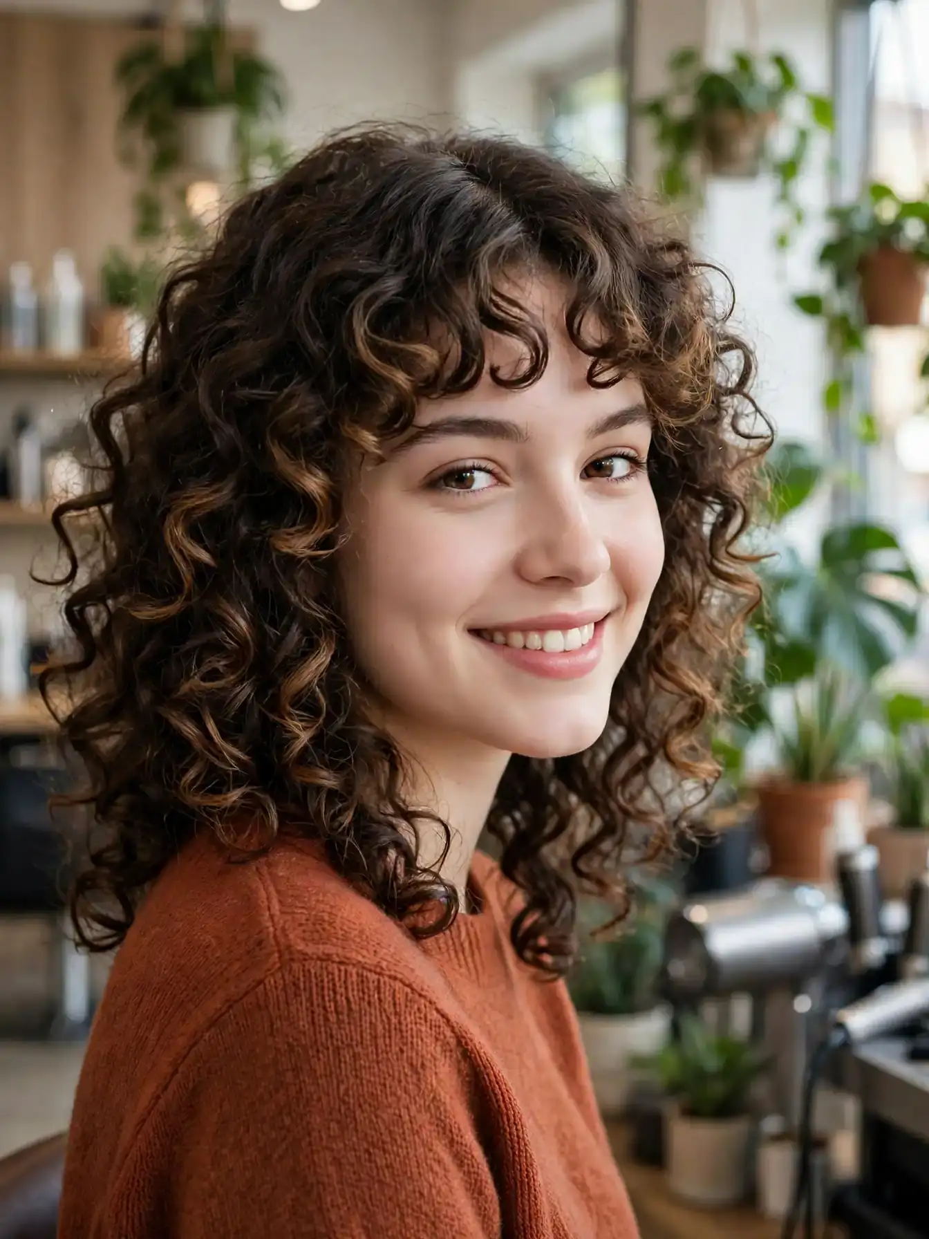 Natural curly hair with frosted curtain bangs framing the face.