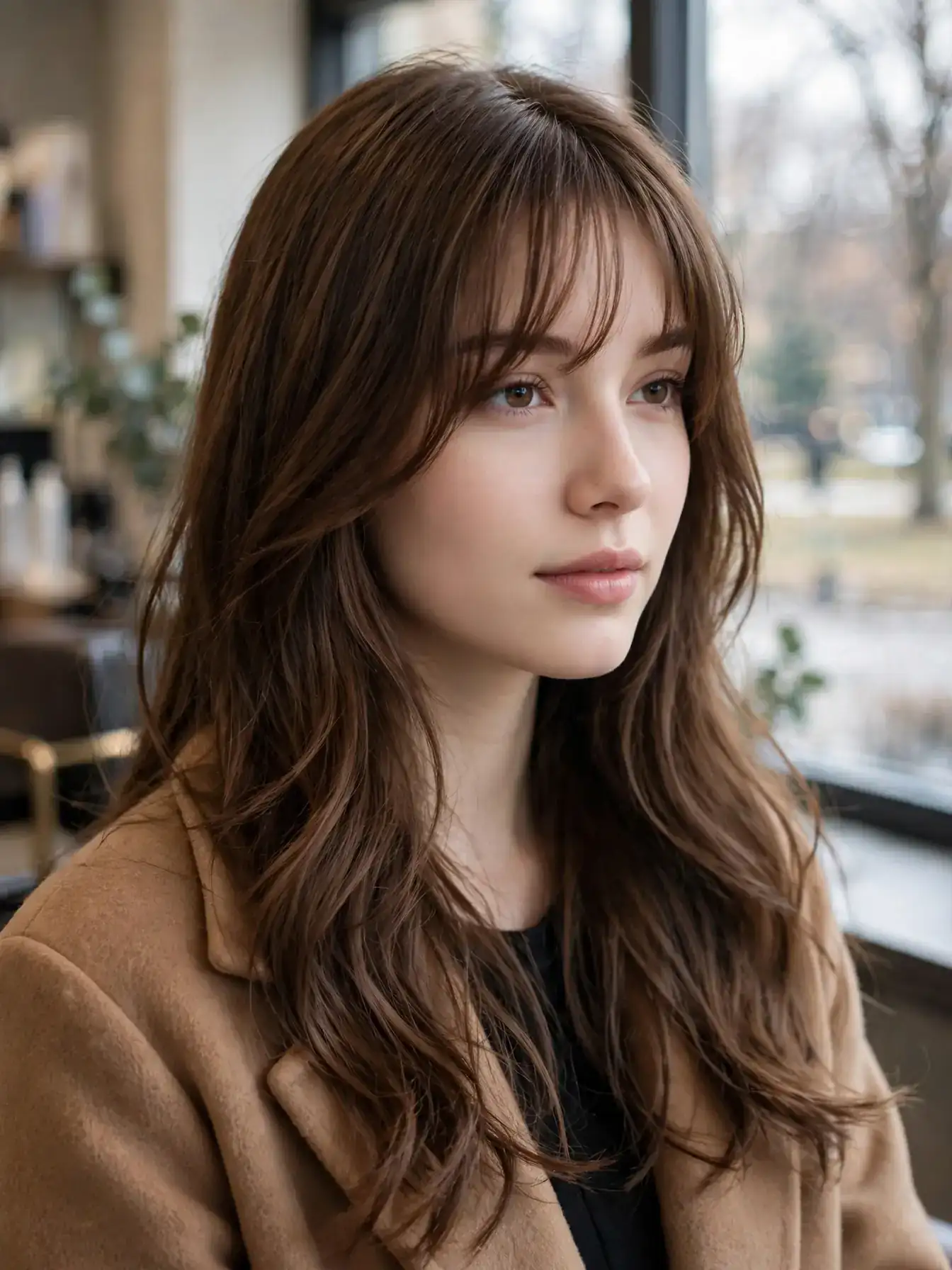 Grown-out curtain bangs seamlessly blended into long face-framing layers.