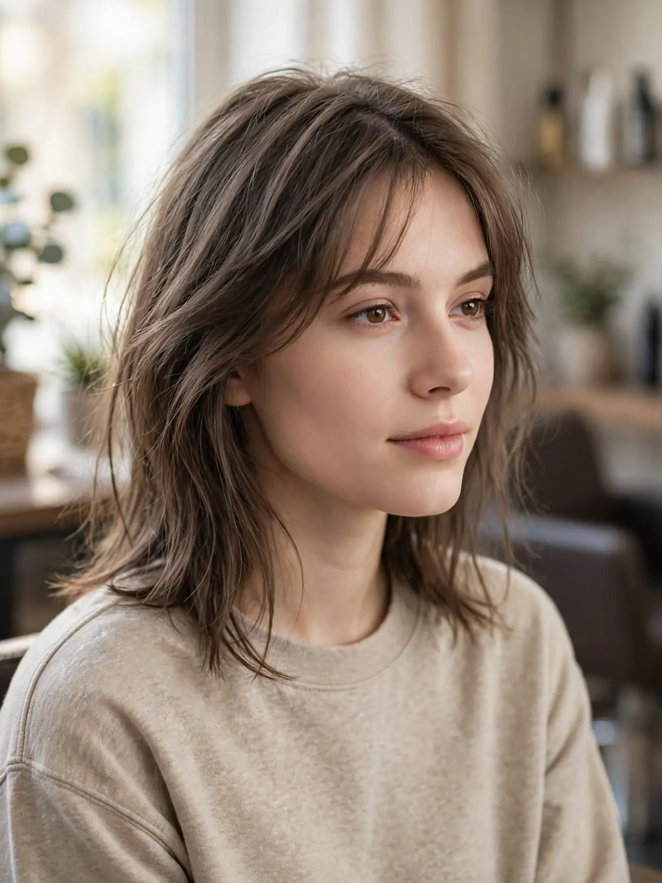 Effortless low-maintenance frosted curtain bangs on naturally air-dried hair.