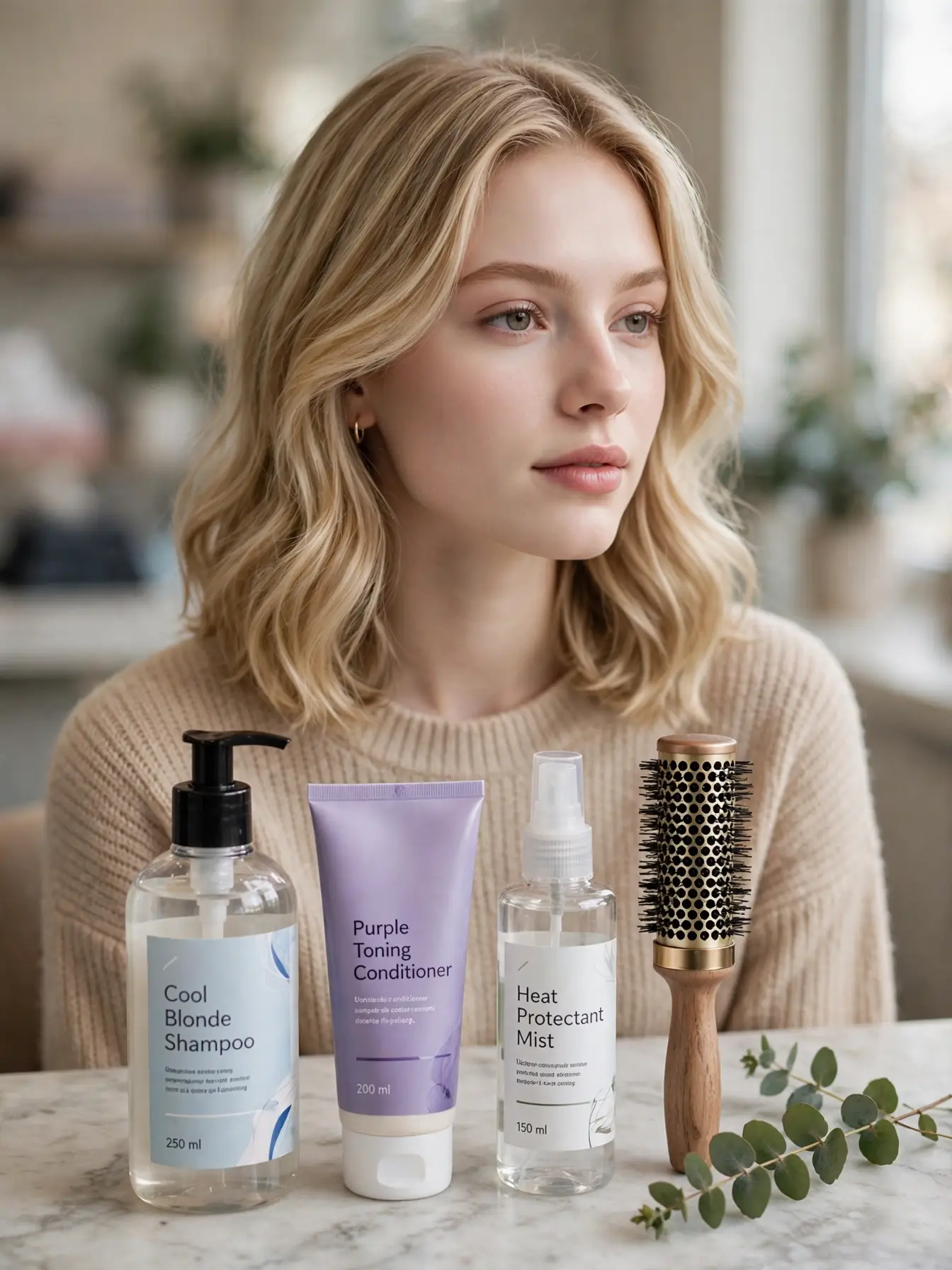 A winter hair care routine with labeled products for frosty curtain bangs.