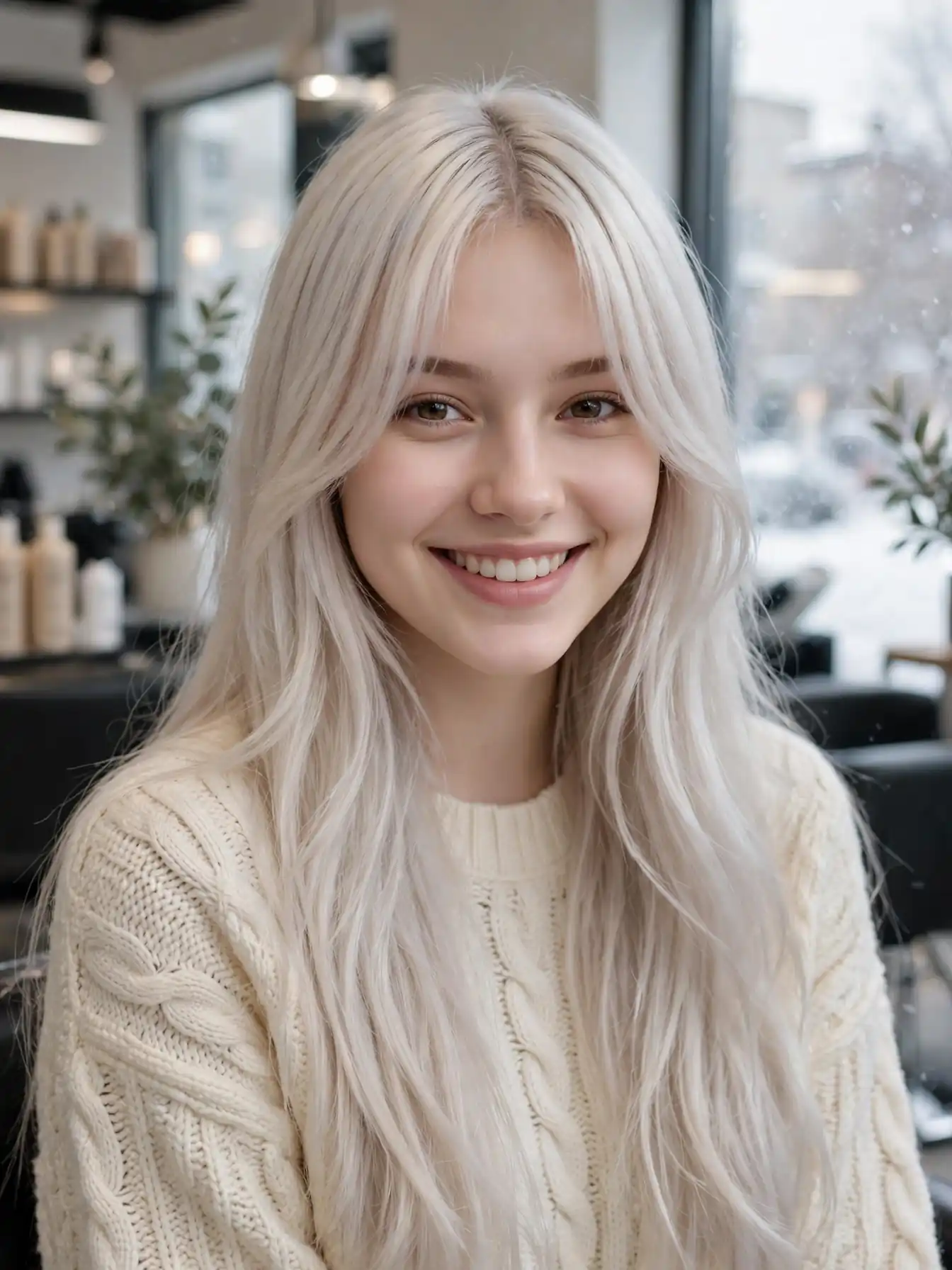 Frosty curtain bangs parted in the center on a woman with icy blonde hair, showing the face-framing winter fringe.