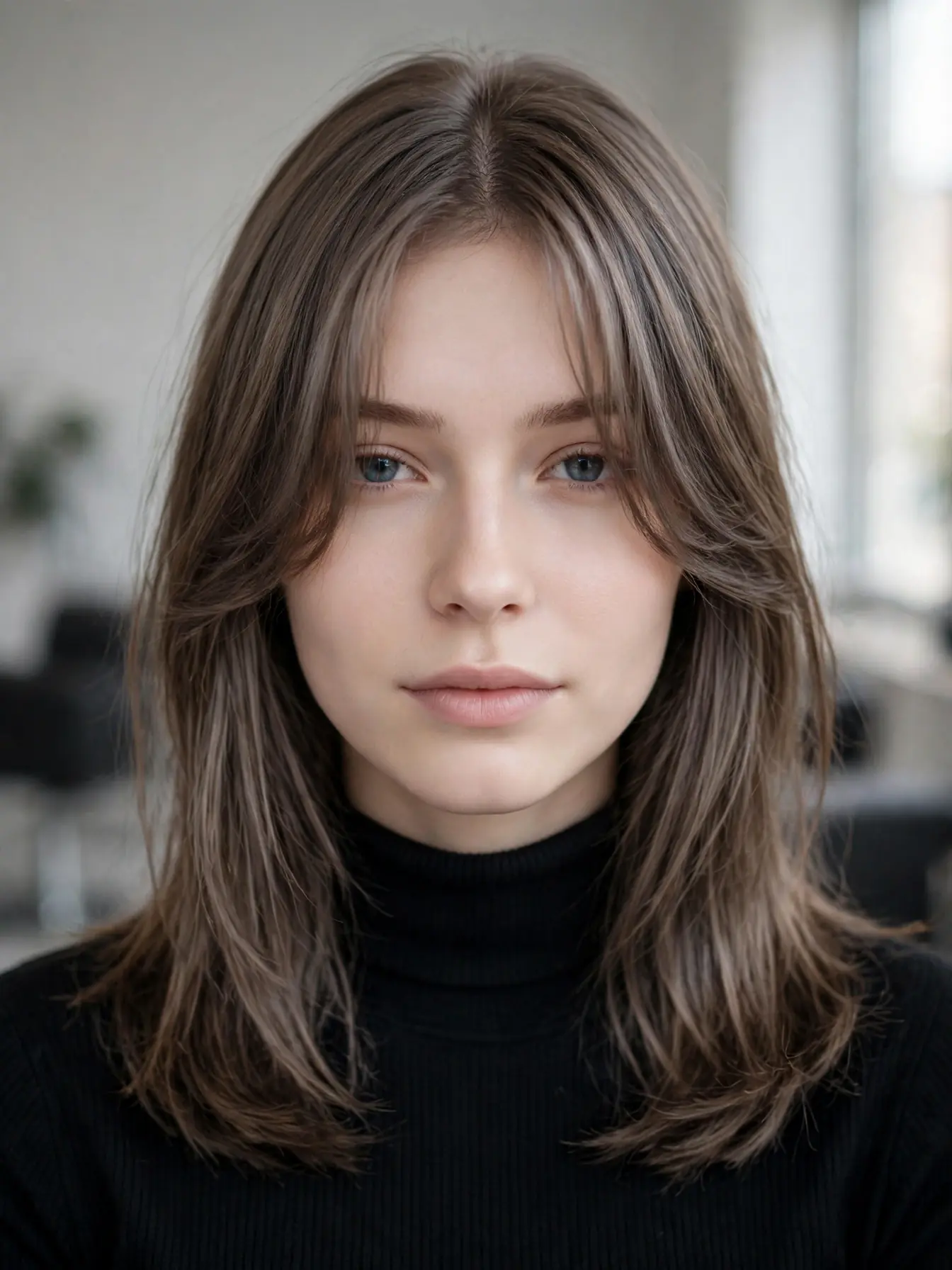 Mid-range view of frosty curtain bangs sweeping across the forehead in a soft center part on cool brown hair.