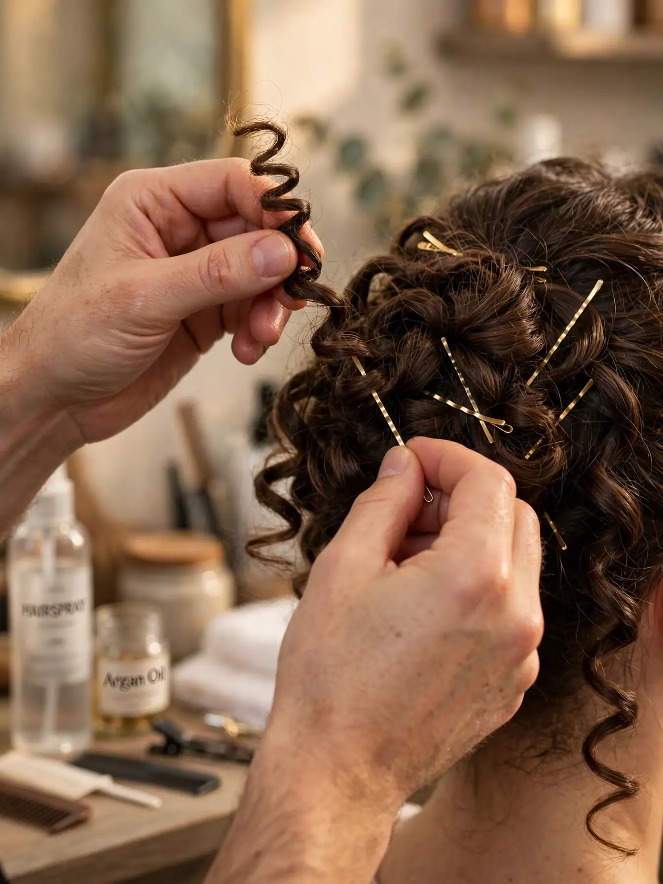 Elegant Updo for Curly Hairstyles: 20 Timeless Ideas 22 Hands pinning curly hair with bobby pins