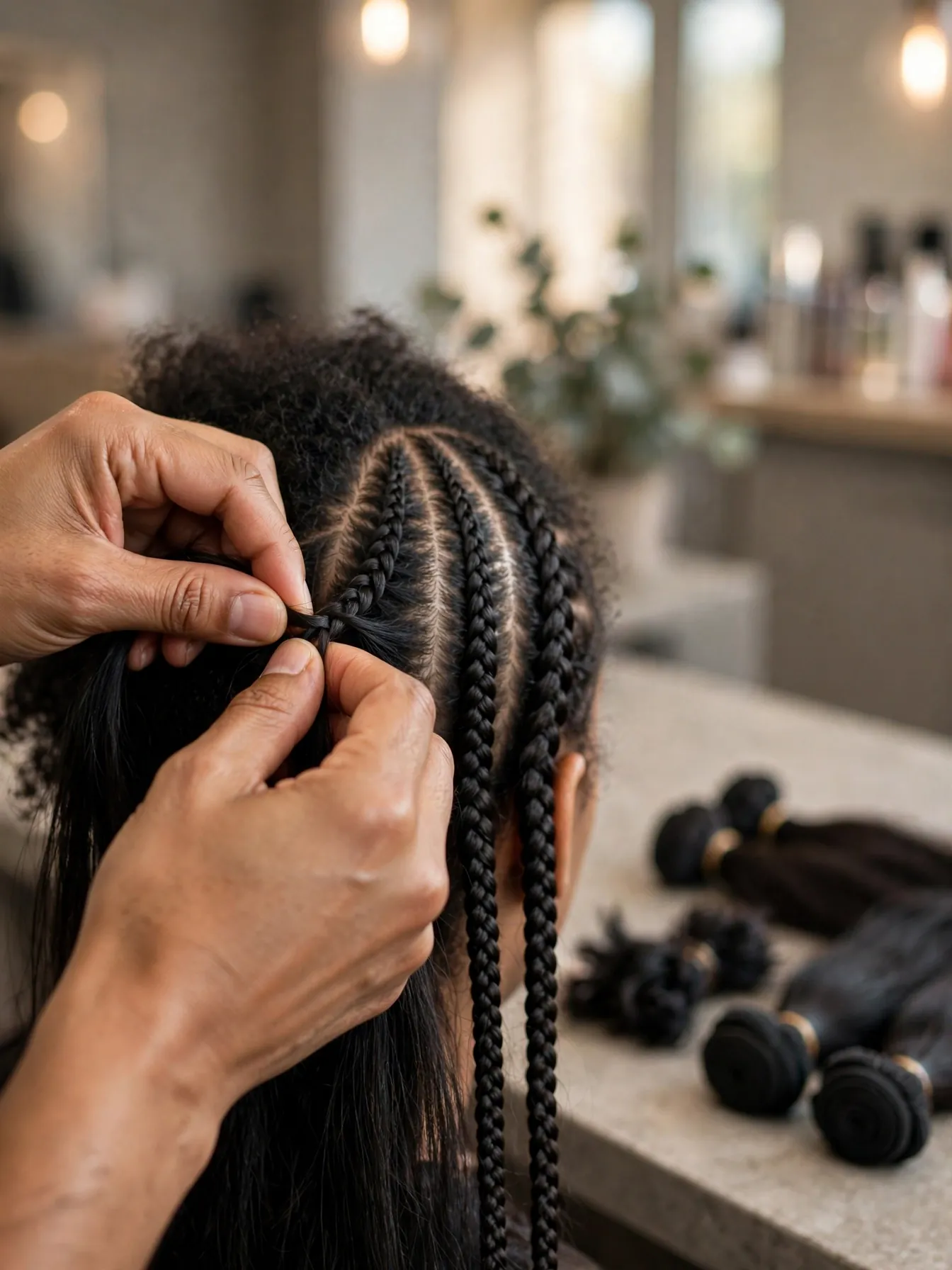 Close-up of a stylist braiding neat cornrows for a sew-in braided leave-out install