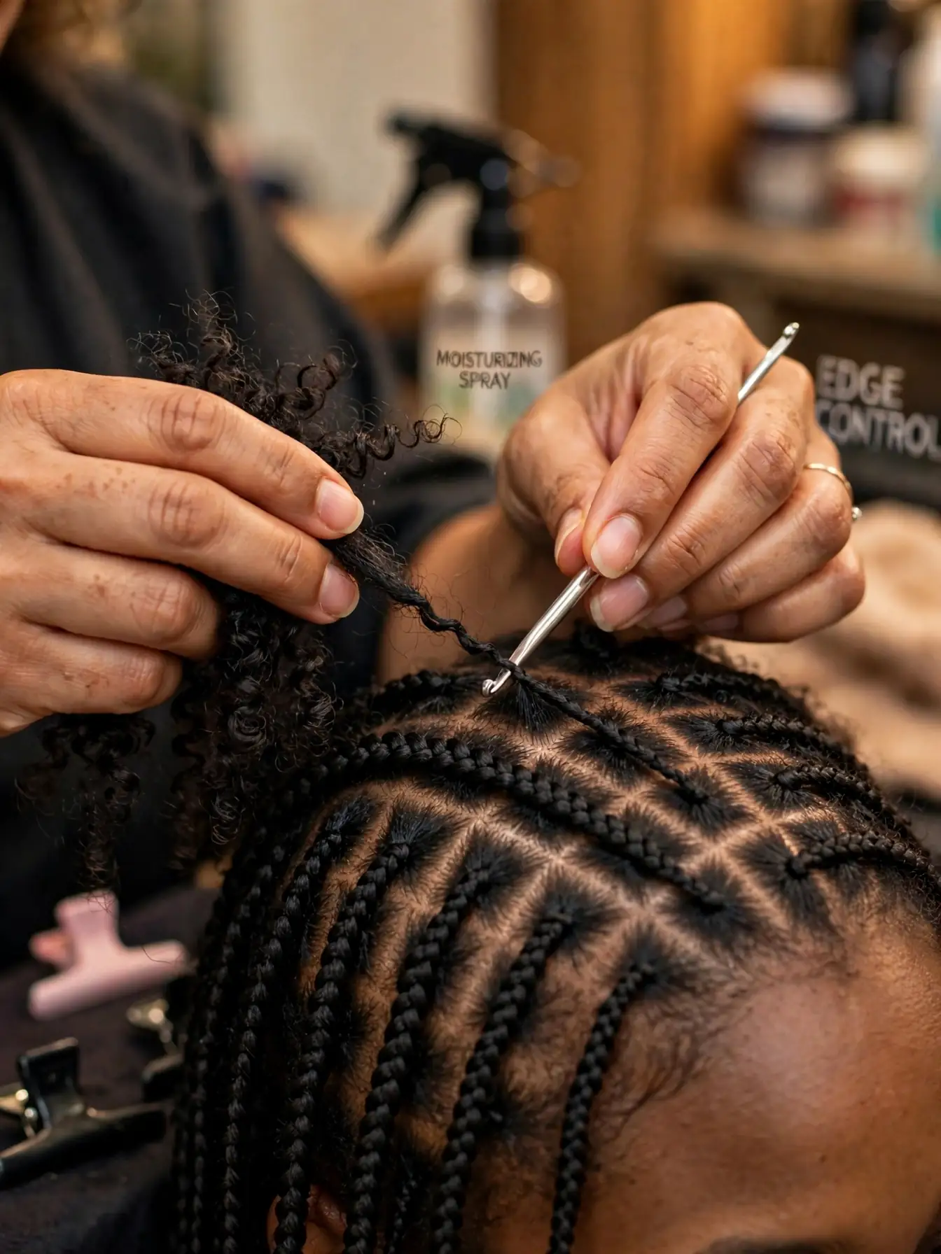 Stylist installing crochet hair with a crochet needle