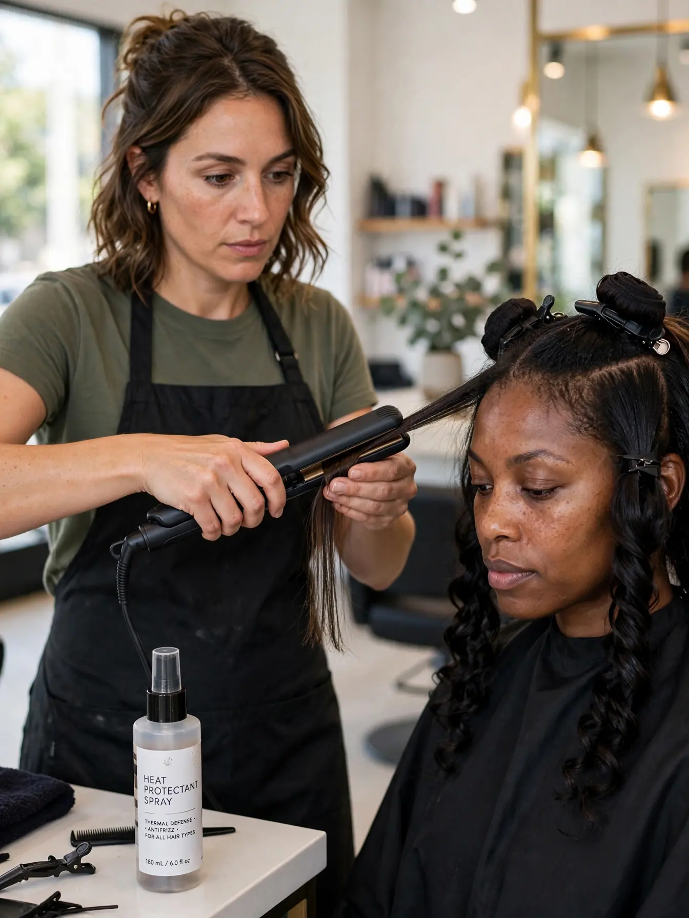 Stylist flat-ironing a leave-out section to blend with sew-in bundles