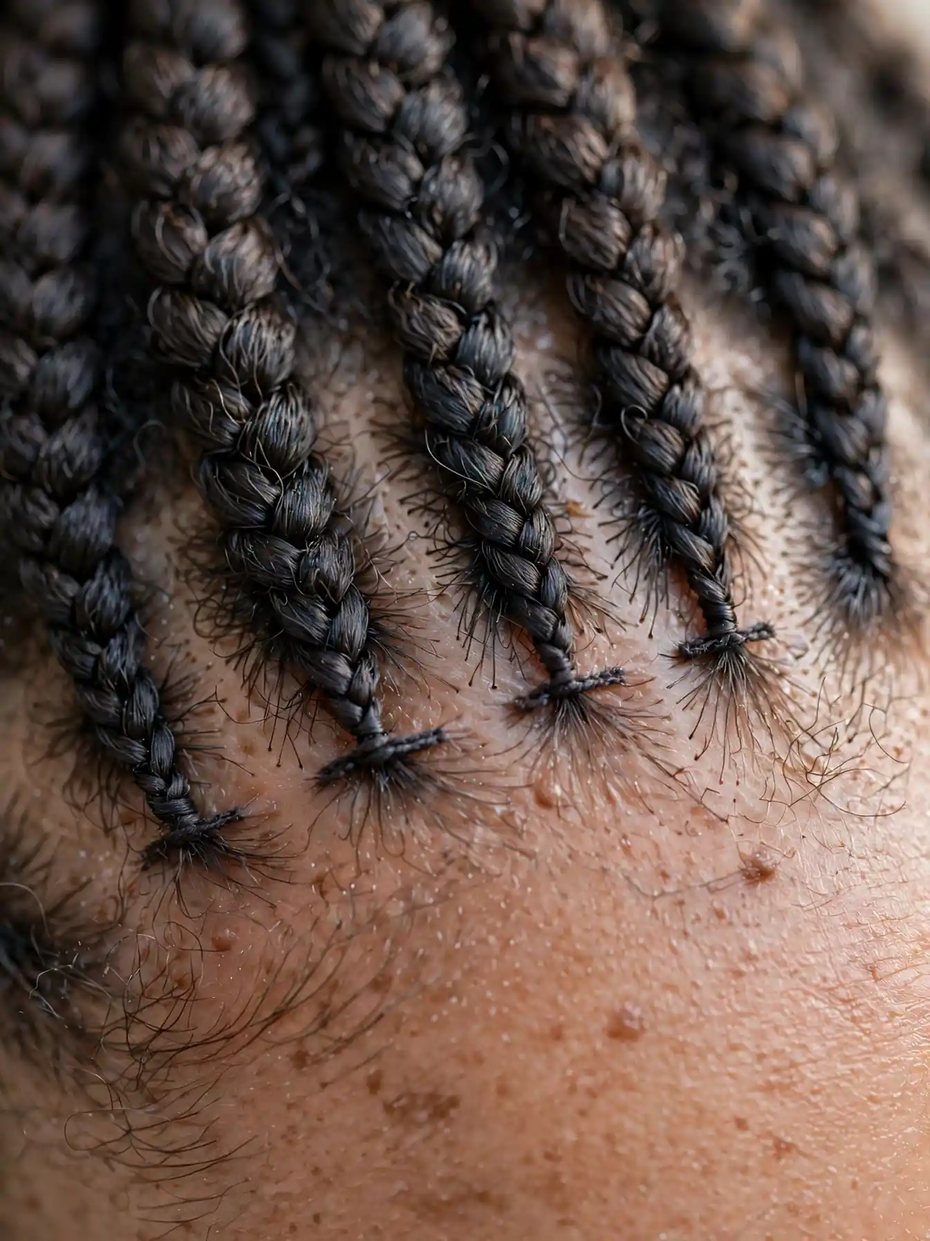 Close-up of flat invisible knots at the braid base